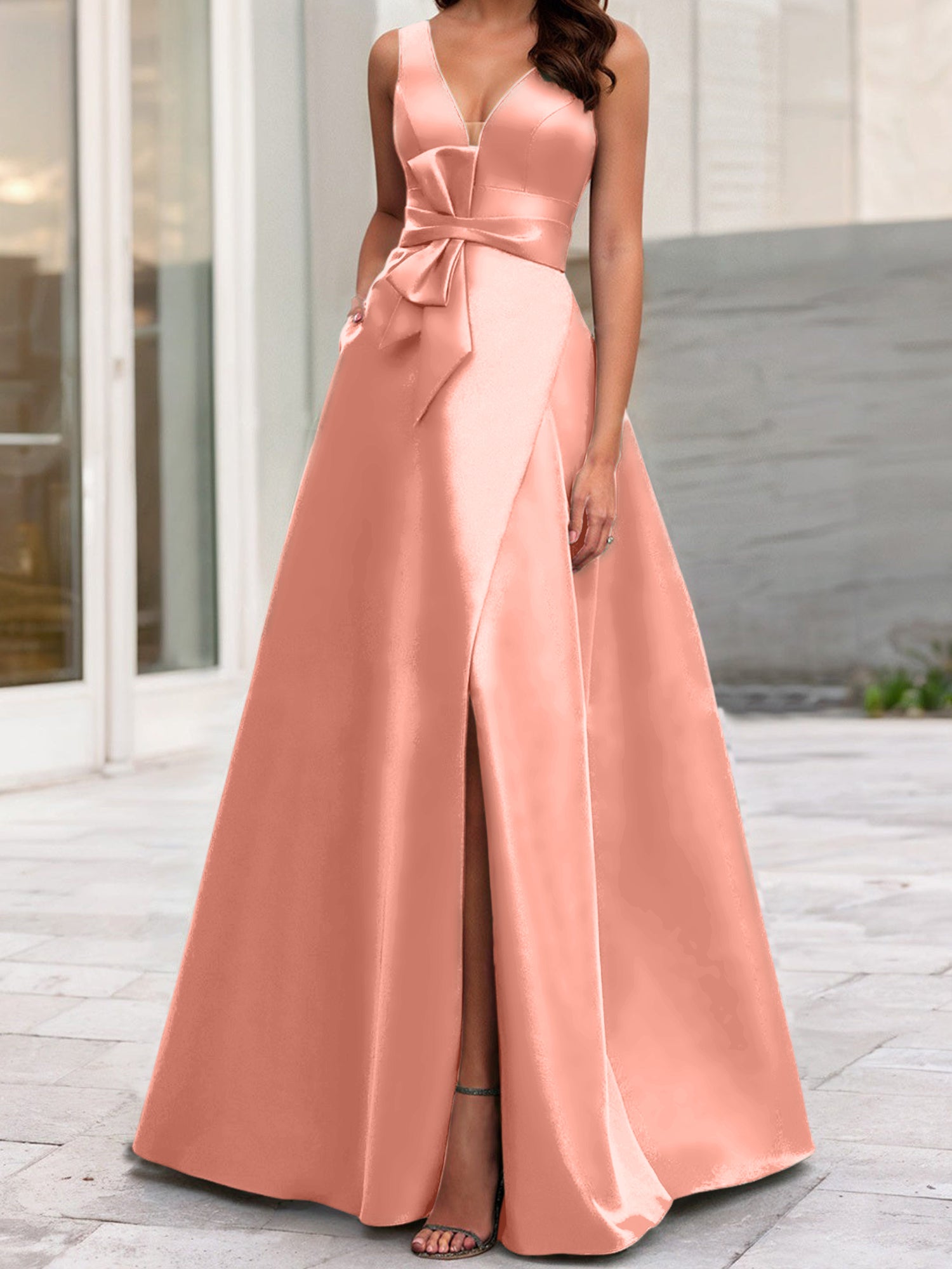 V-Neck Sleeveless A-Line Princess Mother Of The Bride Dress With Side Split-BMbridal