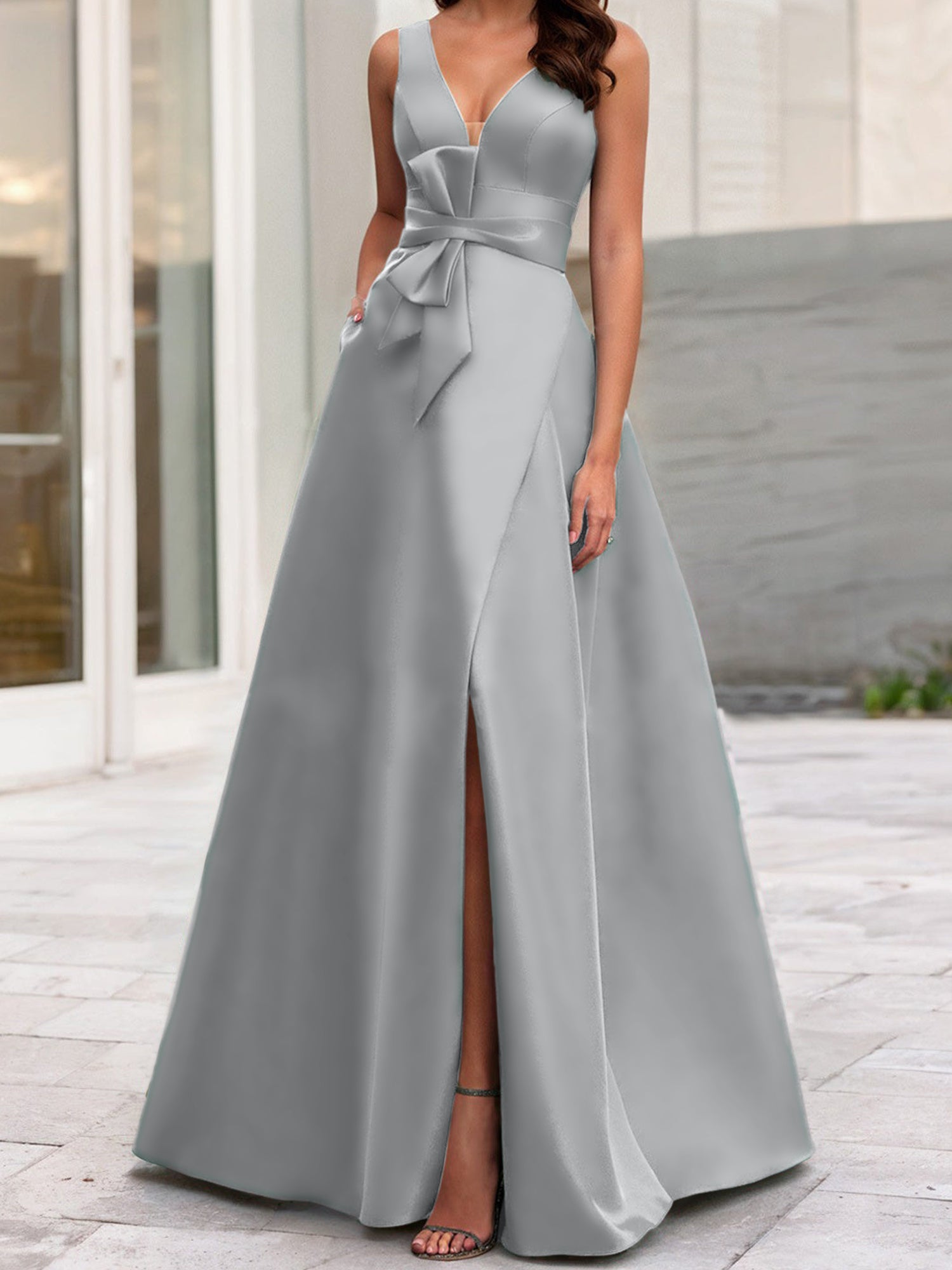V-Neck Sleeveless A-Line Princess Mother Of The Bride Dress With Side Split-BMbridal