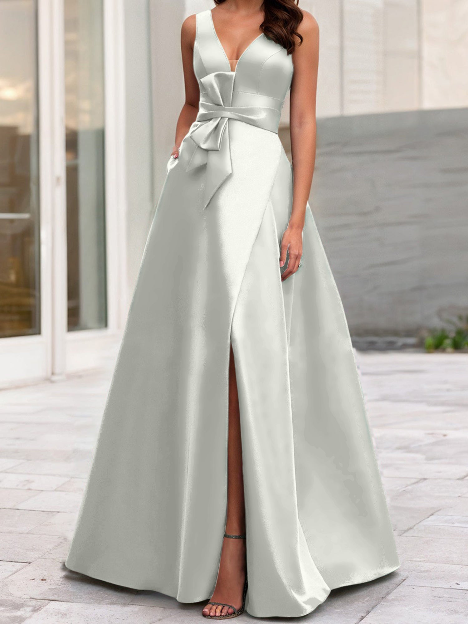 V-Neck Sleeveless A-Line Princess Mother Of The Bride Dress With Side Split-BMbridal