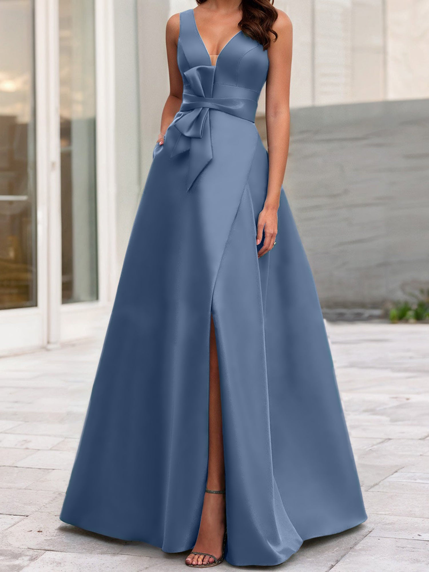 V-Neck Sleeveless A-Line Princess Mother Of The Bride Dress With Side Split-BMbridal