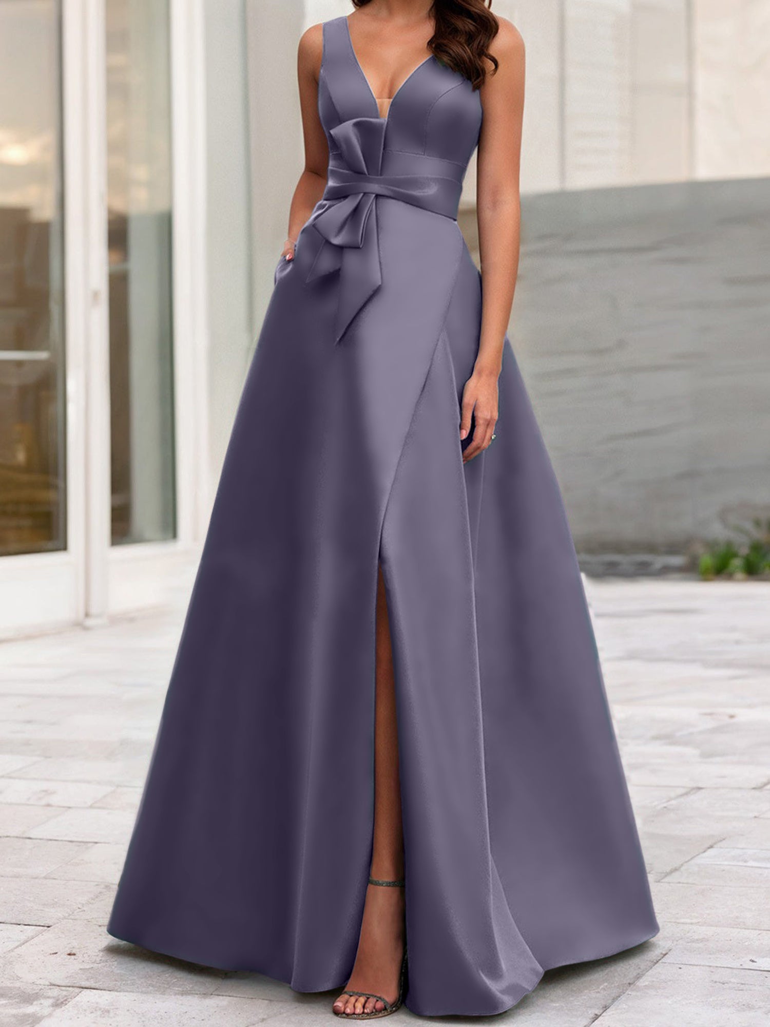 V-Neck Sleeveless A-Line Princess Mother Of The Bride Dress With Side Split-BMbridal