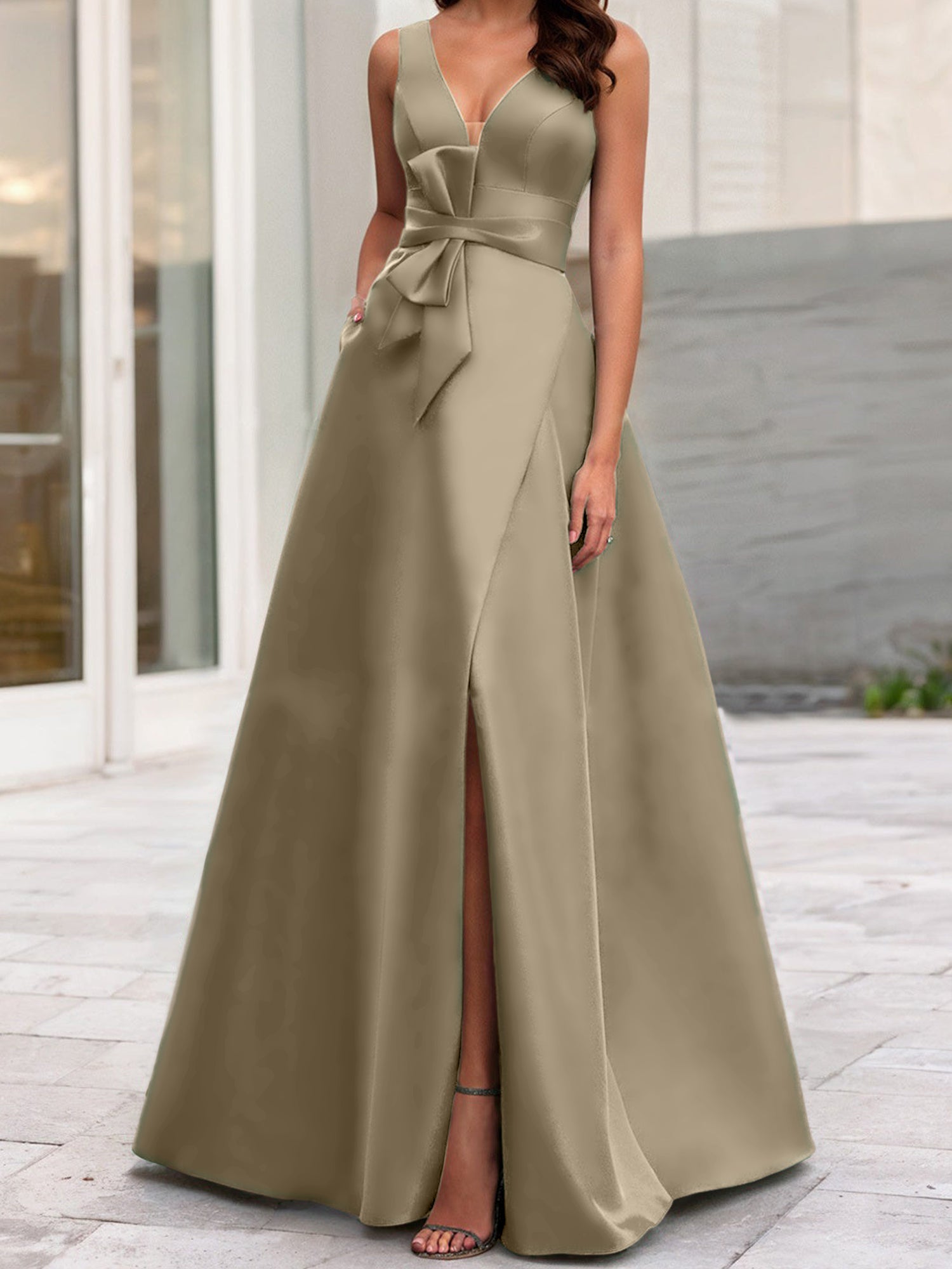 V-Neck Sleeveless A-Line Princess Mother Of The Bride Dress With Side Split-BMbridal