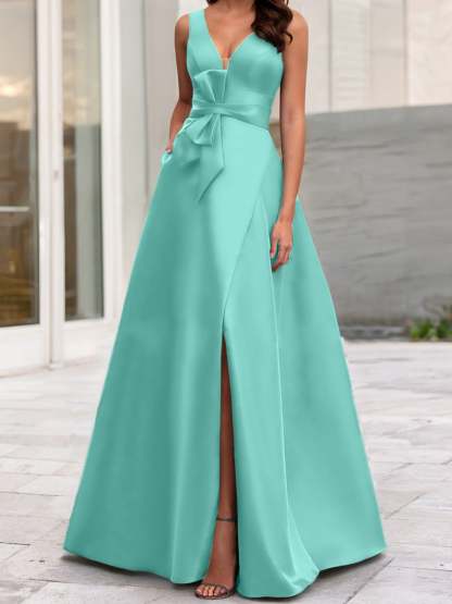 V-Neck Sleeveless A-Line Princess Mother Of The Bride Dress With Side Split-BMbridal