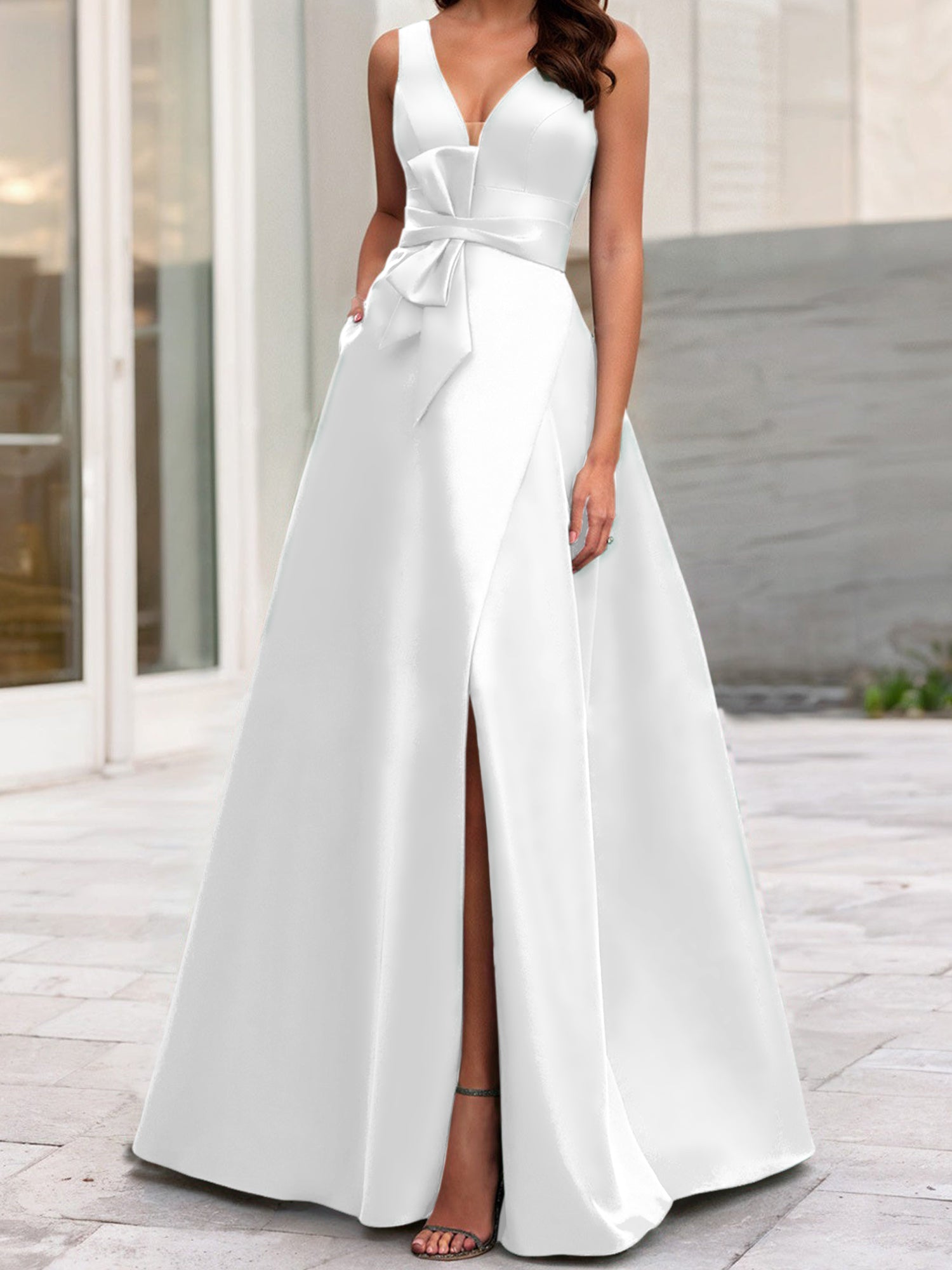 V-Neck Sleeveless A-Line Princess Mother Of The Bride Dress With Side Split-BMbridal