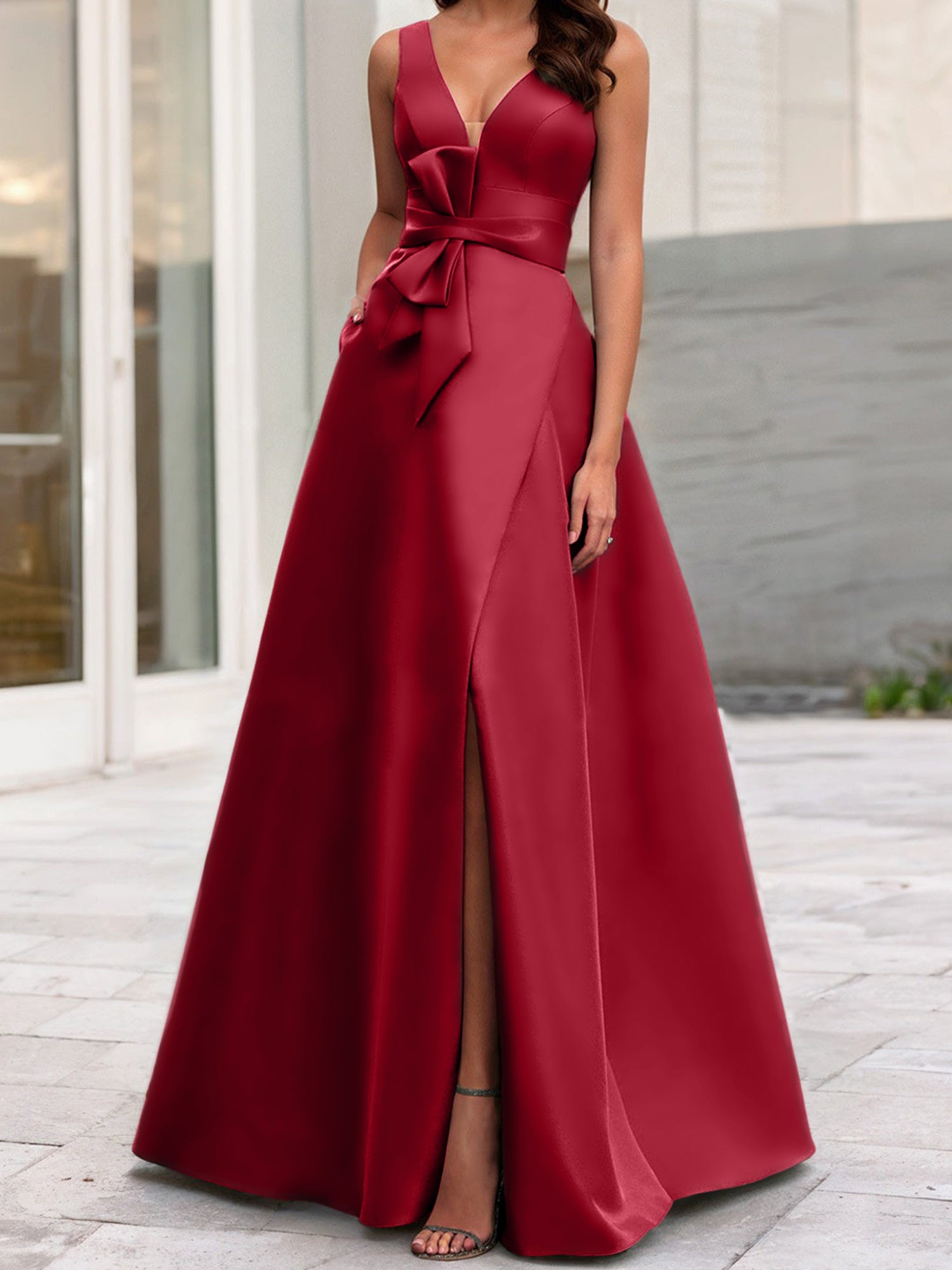 V-Neck Sleeveless A-Line Princess Mother Of The Bride Dress With Side Split-BMbridal
