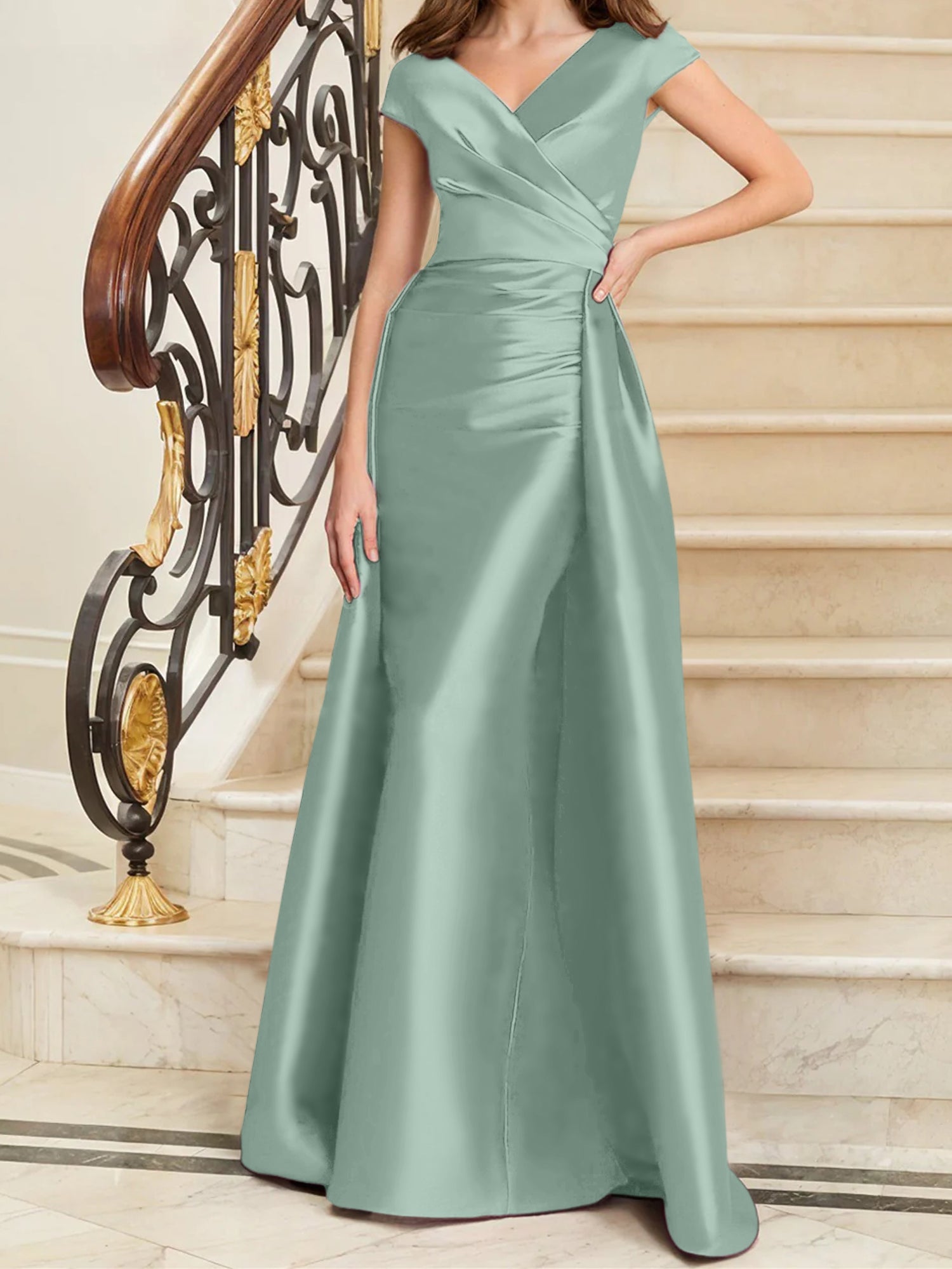 Sleeveless Satin V-Neck Sheath Dress for the Mother of the Bride-BMbridal