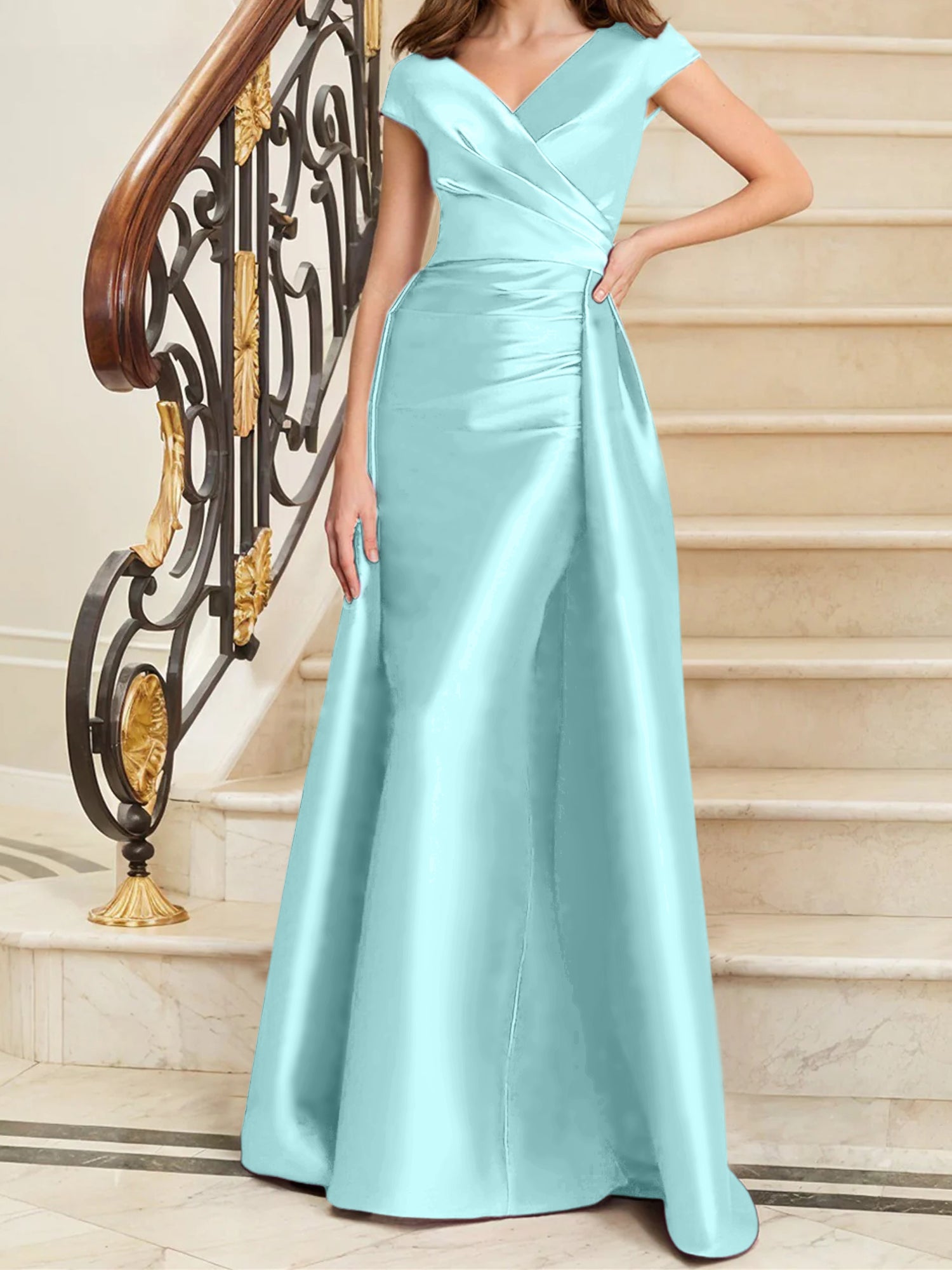 Sleeveless Satin V-Neck Sheath Dress for the Mother of the Bride-BMbridal