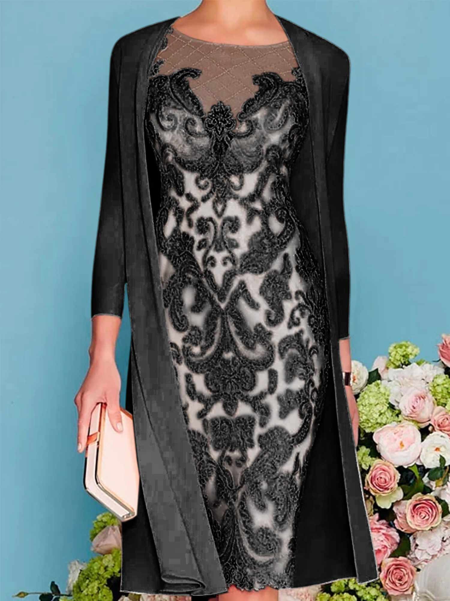 Long-Sleeve Knee-Length Sheath/Column Mother of the Bride Dress with Lace Beading Appliques-BMbridal
