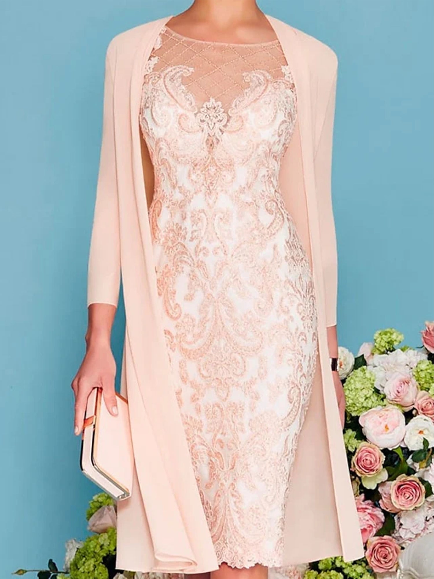 Long-Sleeve Knee-Length Sheath/Column Mother of the Bride Dress with Lace Beading Appliques-BMbridal