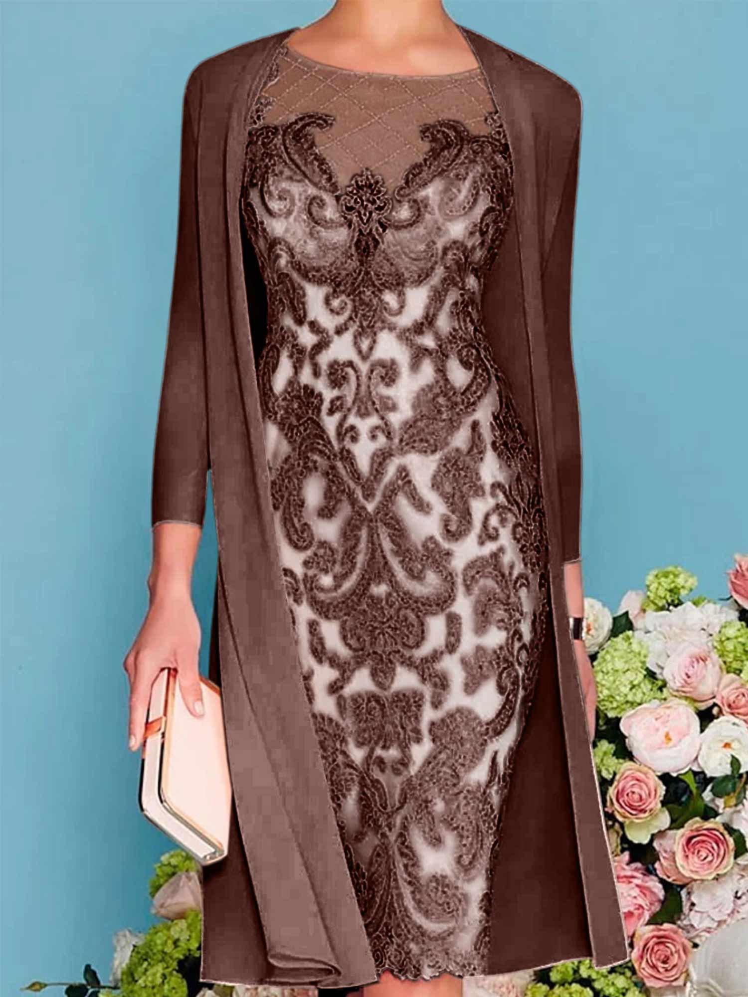 Long-Sleeve Knee-Length Sheath/Column Mother of the Bride Dress with Lace Beading Appliques-BMbridal