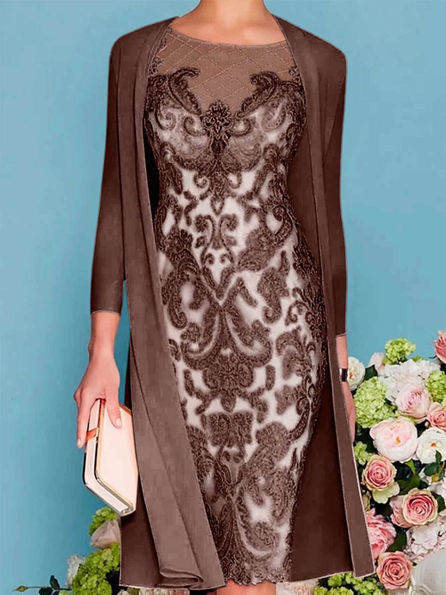Long-Sleeve Knee-Length Sheath/Column Mother of the Bride Dress with Lace Beading Appliques-BMbridal