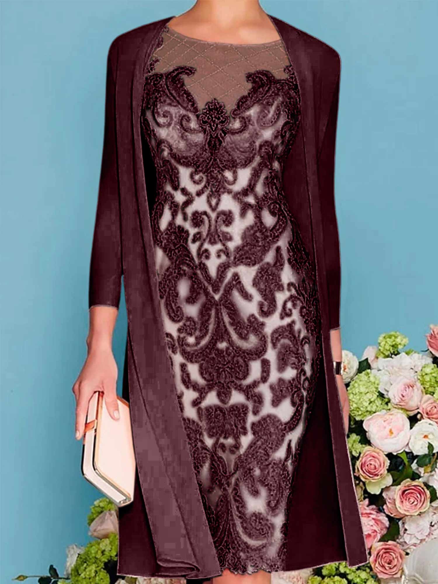 Long-Sleeve Knee-Length Sheath/Column Mother of the Bride Dress with Lace Beading Appliques-BMbridal