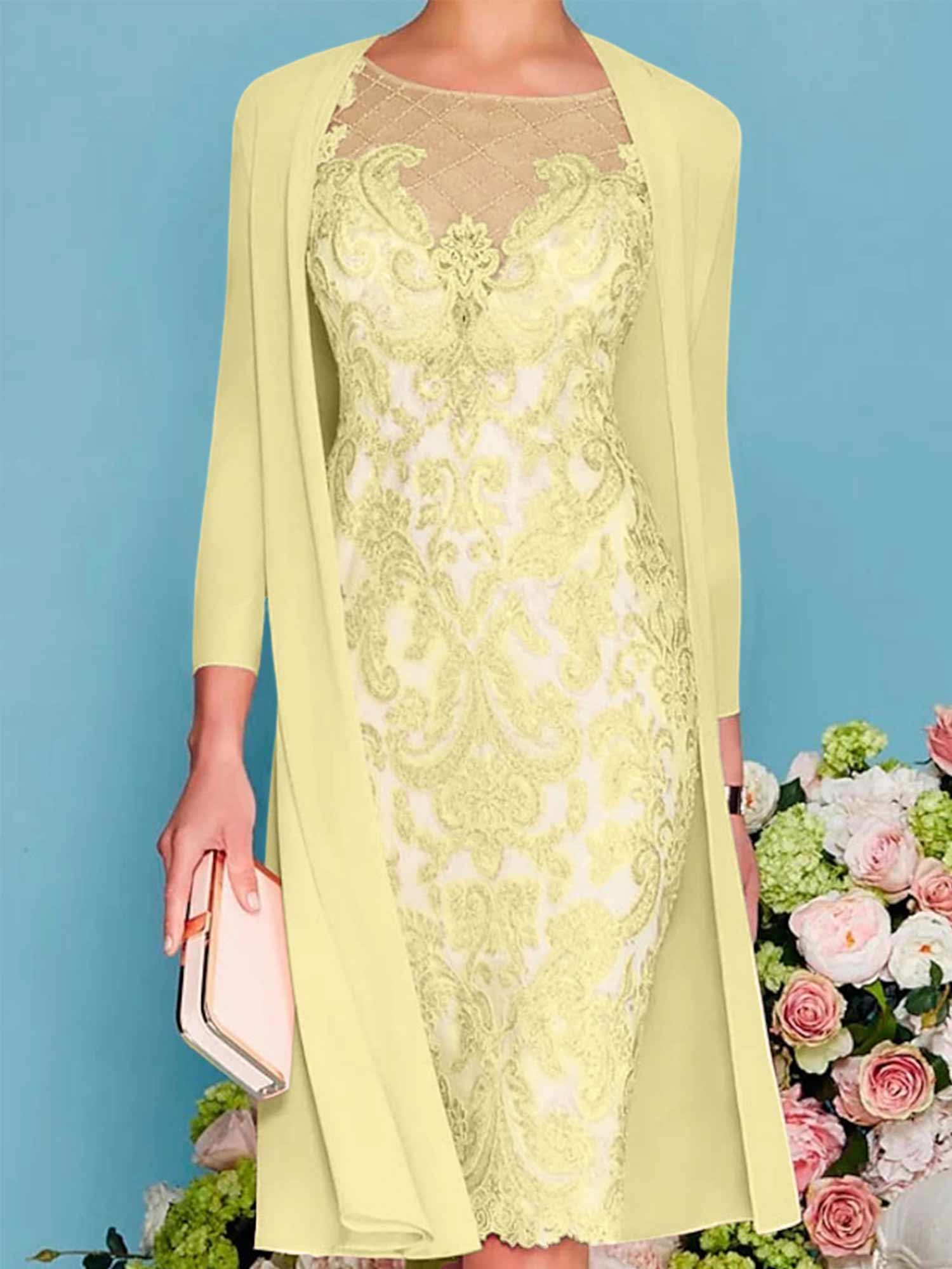 Long-Sleeve Knee-Length Sheath/Column Mother of the Bride Dress with Lace Beading Appliques-BMbridal