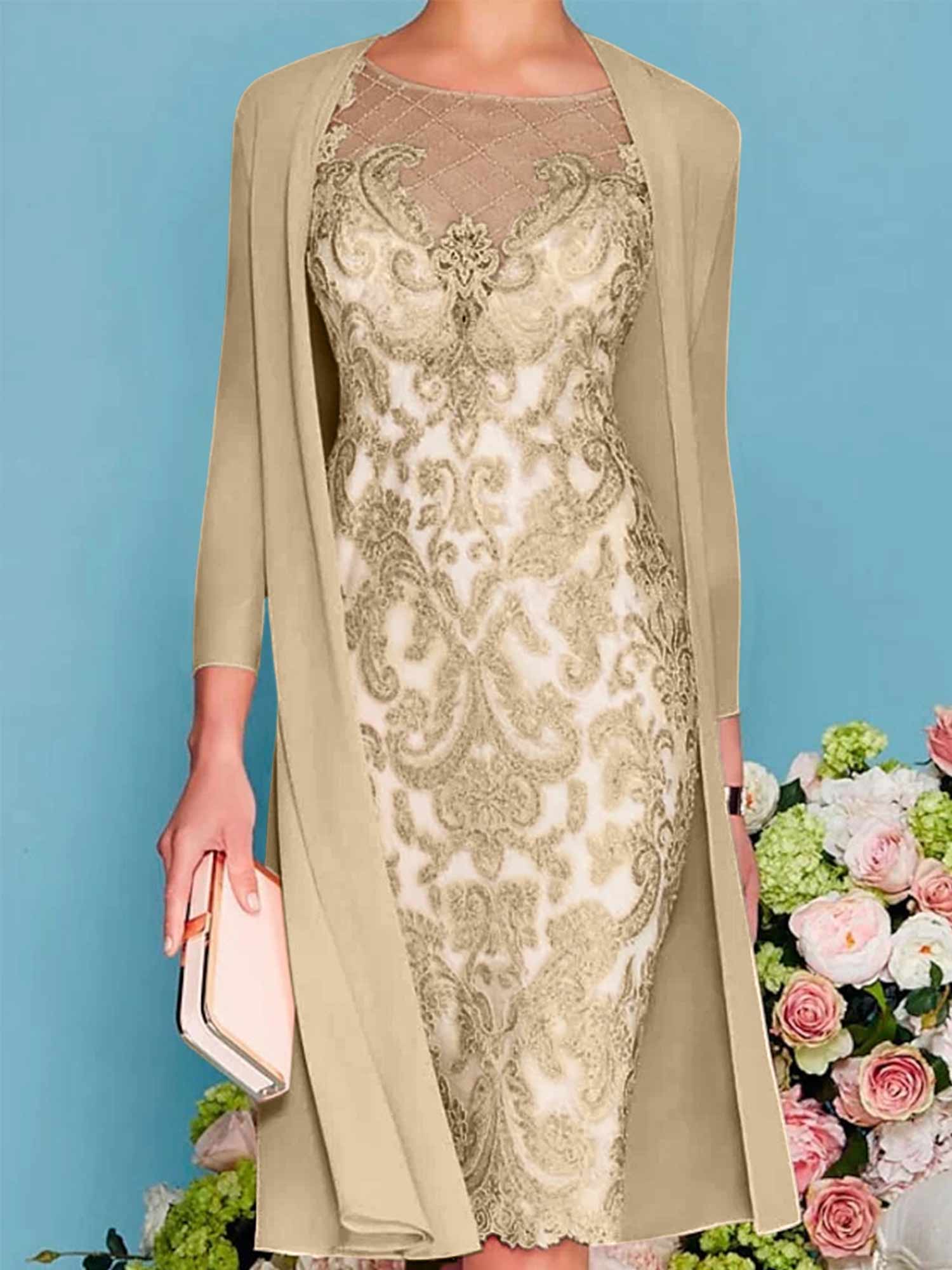 Long-Sleeve Knee-Length Sheath/Column Mother of the Bride Dress with Lace Beading Appliques-BMbridal