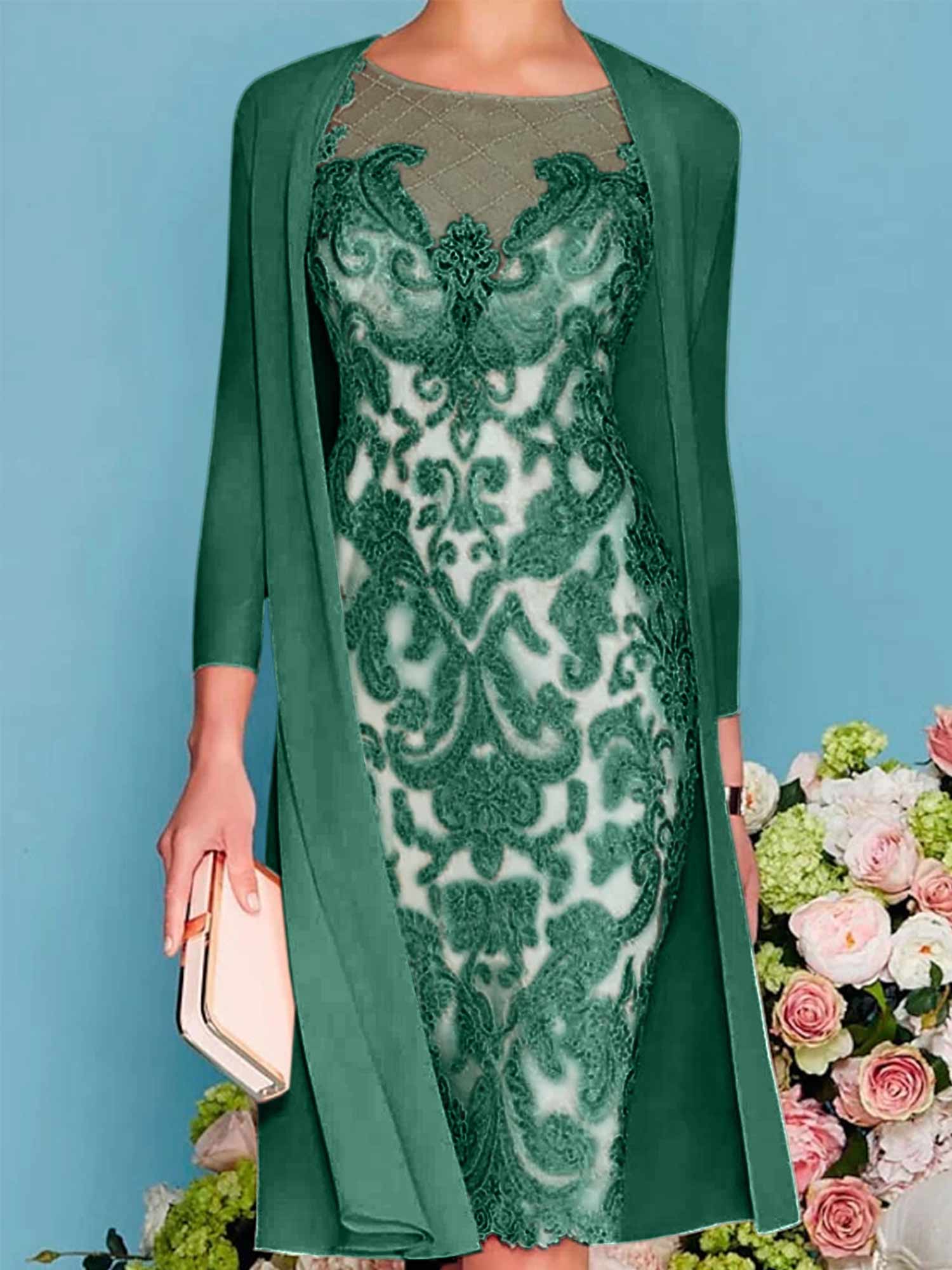 Long-Sleeve Knee-Length Sheath/Column Mother of the Bride Dress with Lace Beading Appliques-BMbridal
