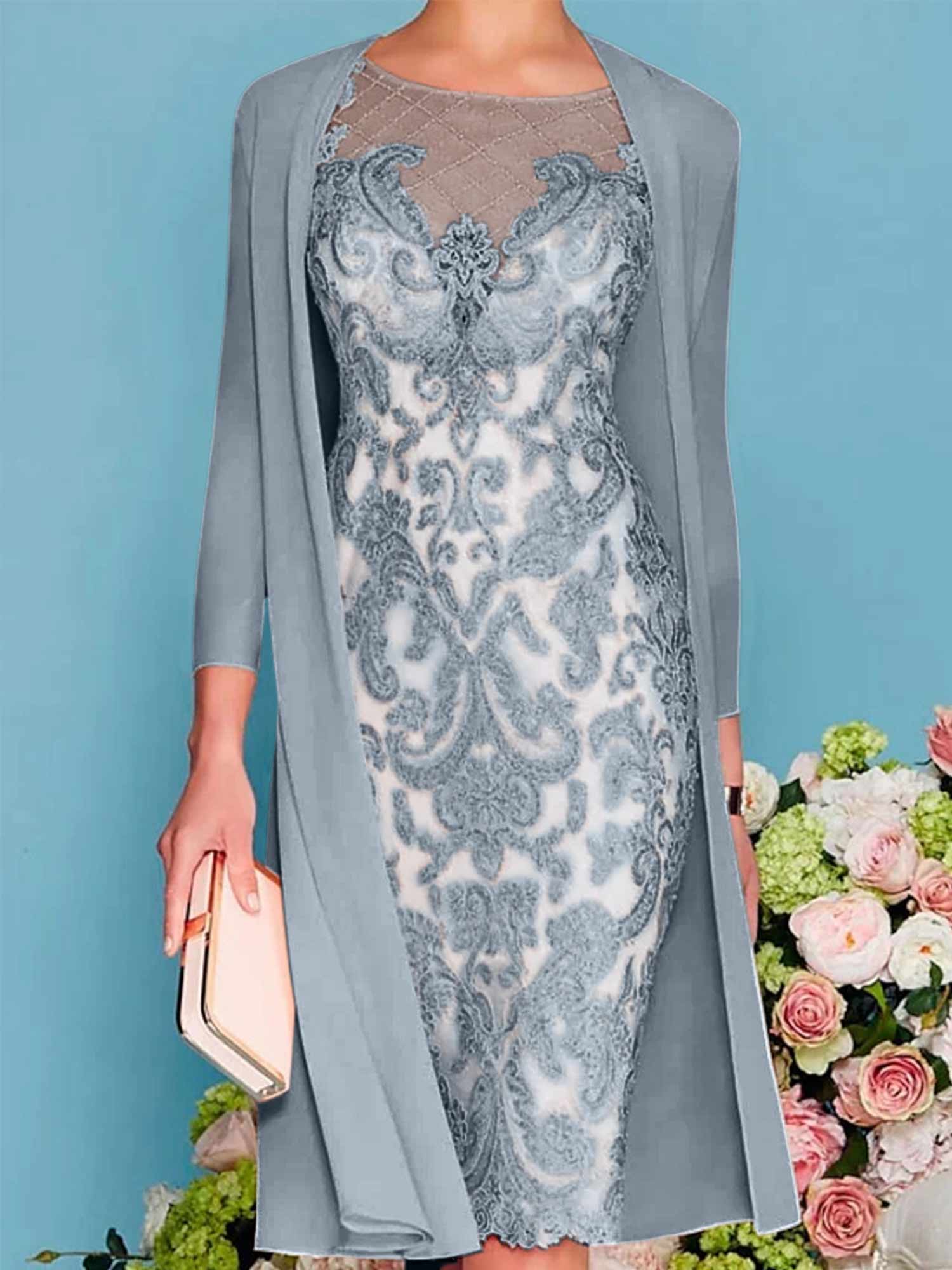 Long-Sleeve Knee-Length Sheath/Column Mother of the Bride Dress with Lace Beading Appliques-BMbridal