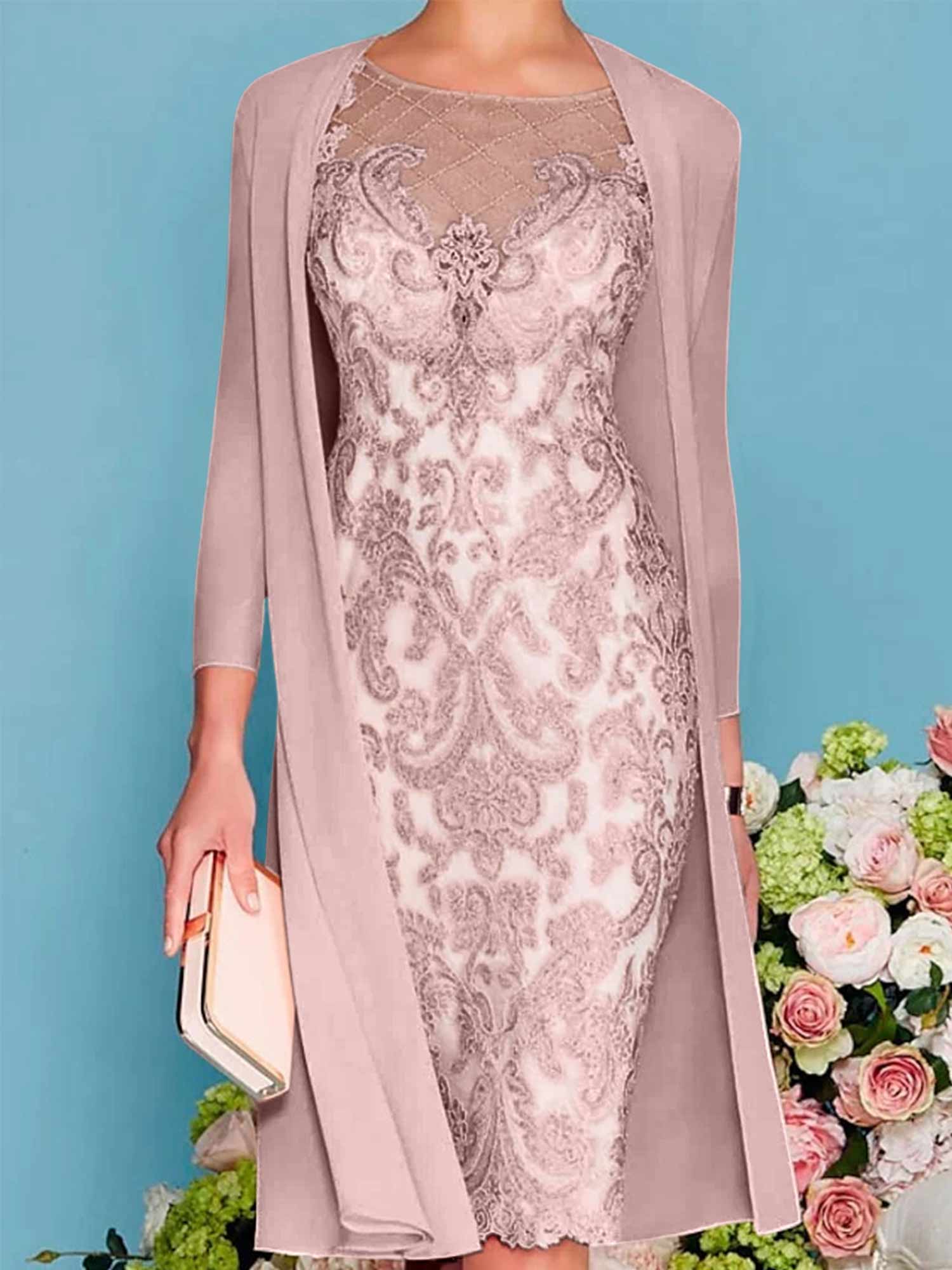 Long-Sleeve Knee-Length Sheath/Column Mother of the Bride Dress with Lace Beading Appliques-BMbridal