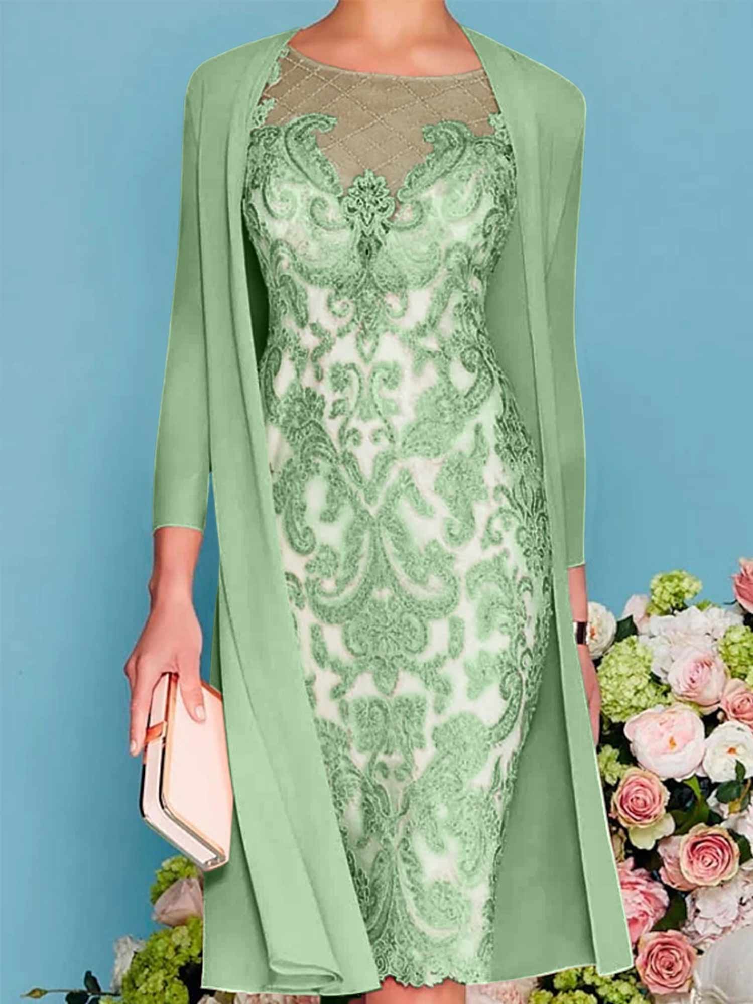 Long-Sleeve Knee-Length Sheath/Column Mother of the Bride Dress with Lace Beading Appliques-BMbridal