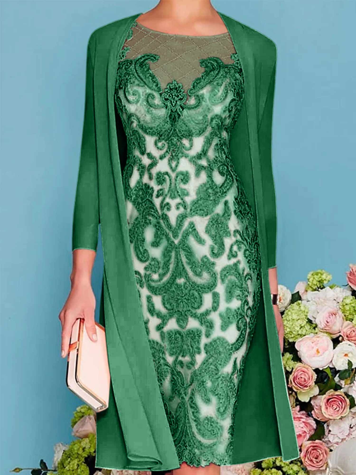 Long-Sleeve Knee-Length Sheath/Column Mother of the Bride Dress with Lace Beading Appliques-BMbridal