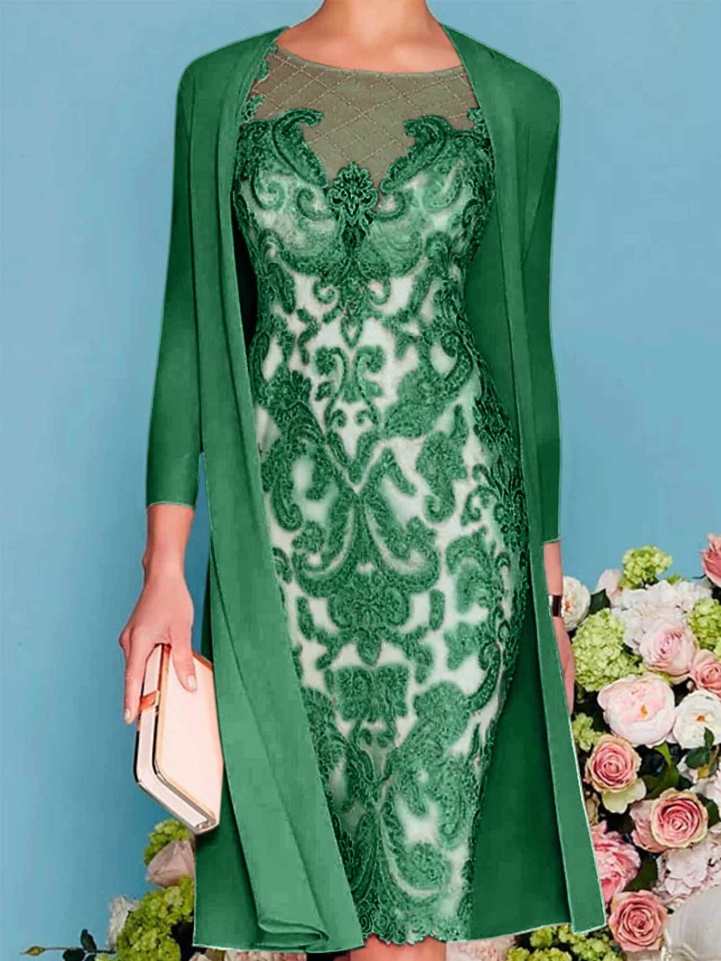 Long-Sleeve Knee-Length Sheath/Column Mother of the Bride Dress with Lace Beading Appliques-BMbridal