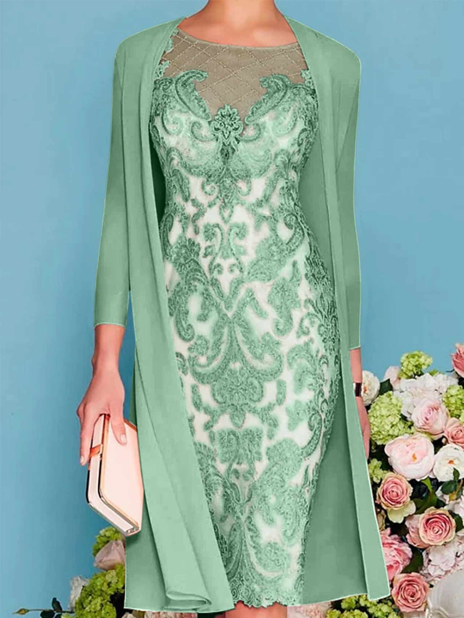 Long-Sleeve Knee-Length Sheath/Column Mother of the Bride Dress with Lace Beading Appliques-BMbridal