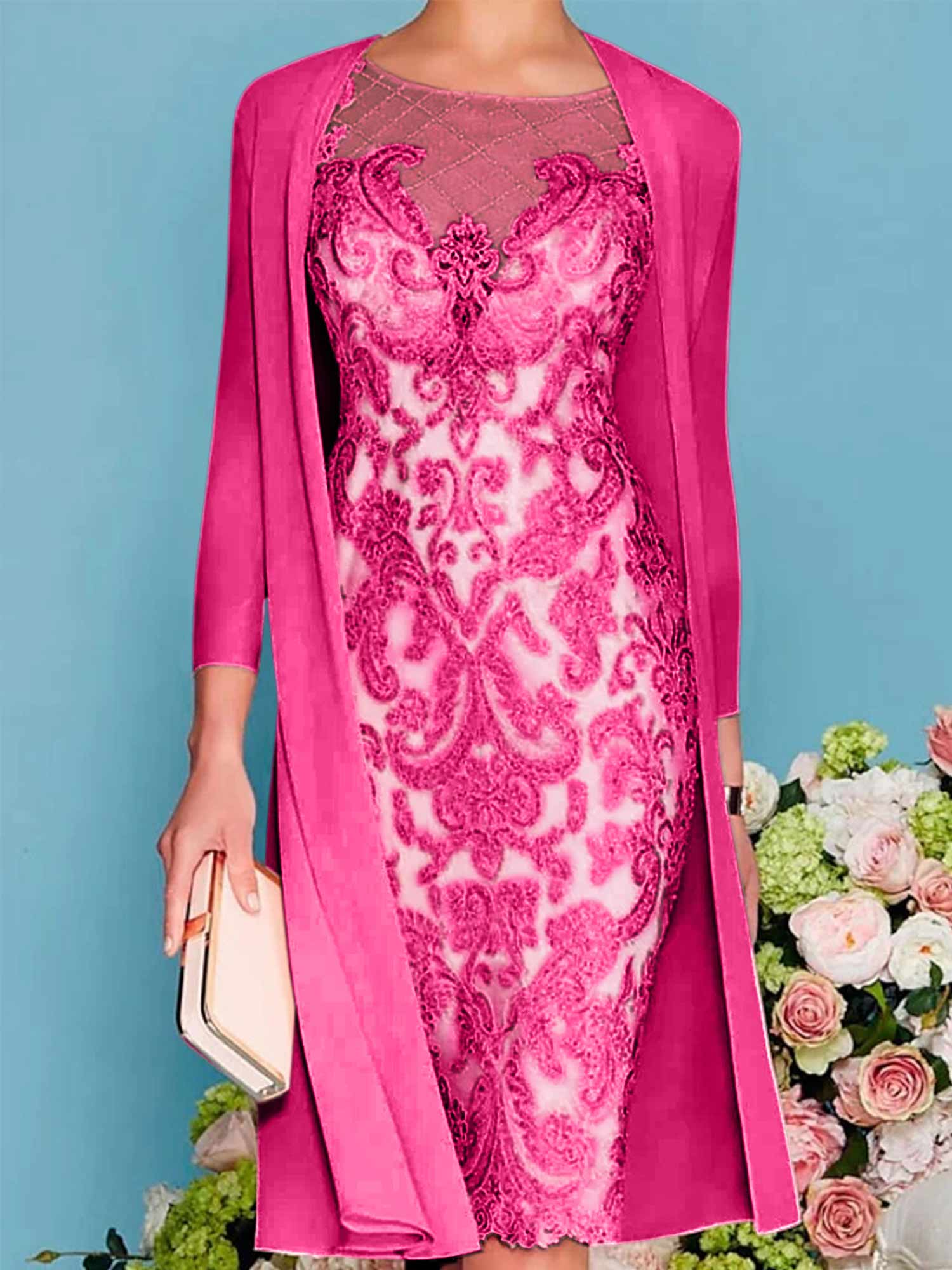 Long-Sleeve Knee-Length Sheath/Column Mother of the Bride Dress with Lace Beading Appliques-BMbridal
