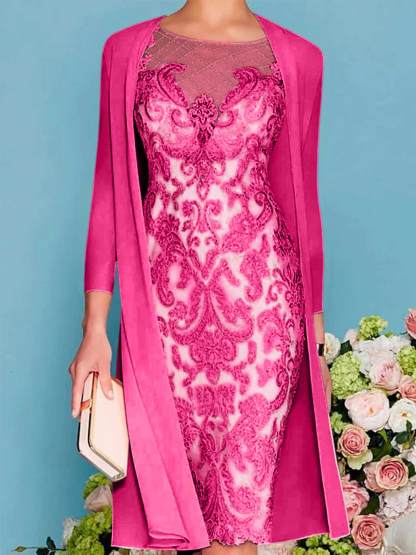 Long-Sleeve Knee-Length Sheath/Column Mother of the Bride Dress with Lace Beading Appliques-BMbridal