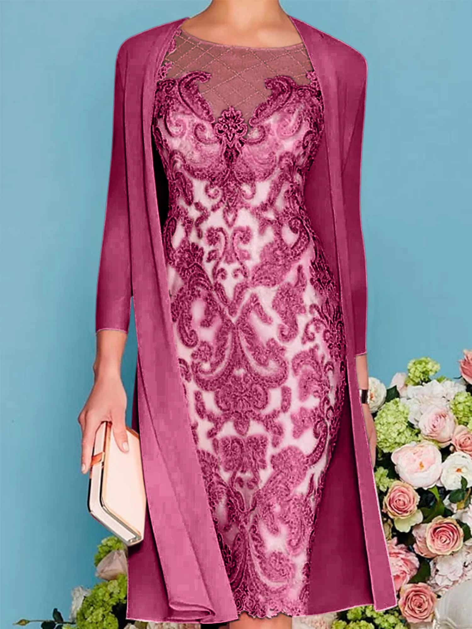 Long-Sleeve Knee-Length Sheath/Column Mother of the Bride Dress with Lace Beading Appliques-BMbridal
