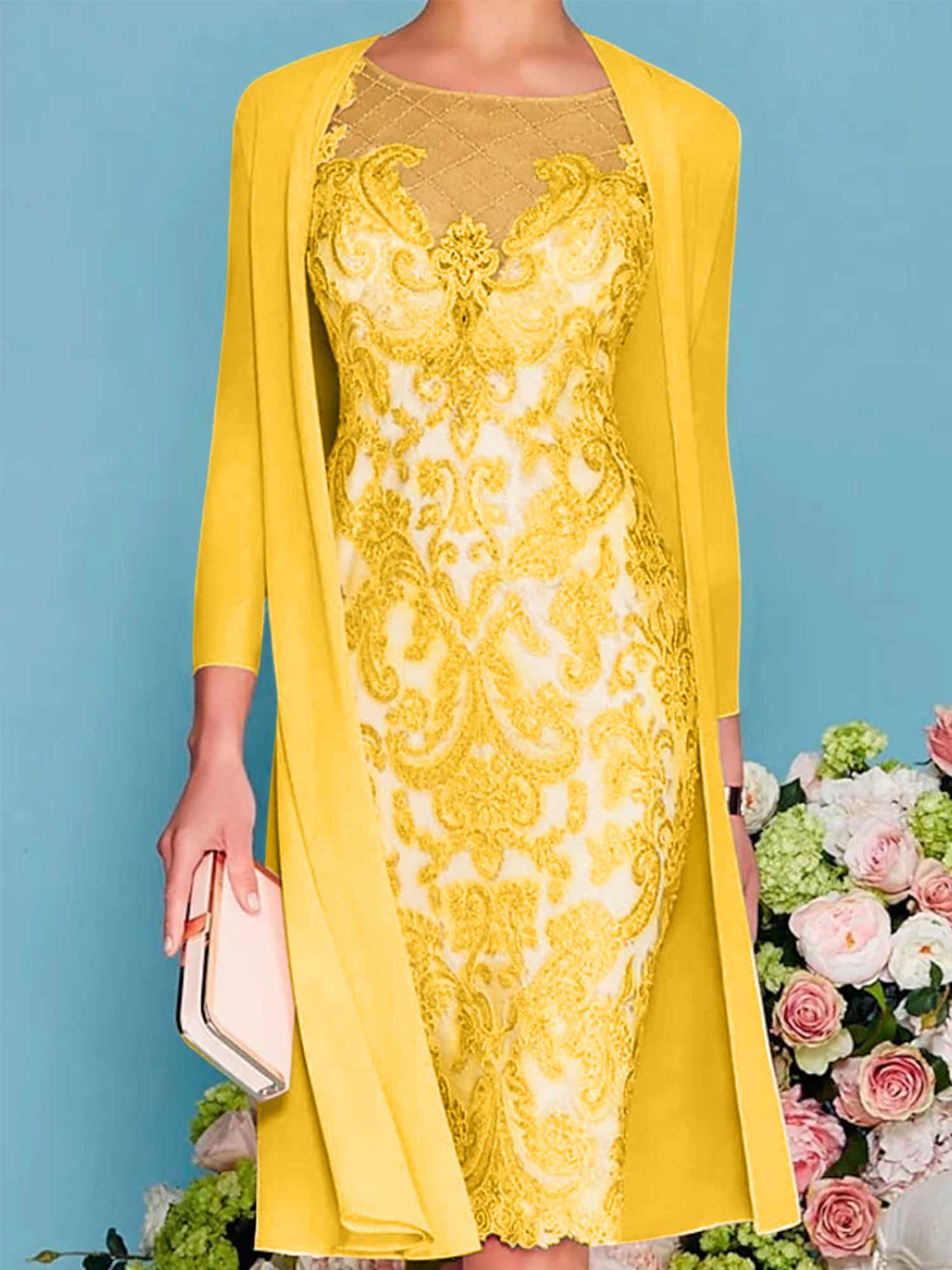 Long-Sleeve Knee-Length Sheath/Column Mother of the Bride Dress with Lace Beading Appliques-BMbridal