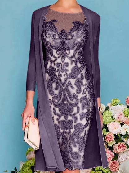 Long-Sleeve Knee-Length Sheath/Column Mother of the Bride Dress with Lace Beading Appliques-BMbridal