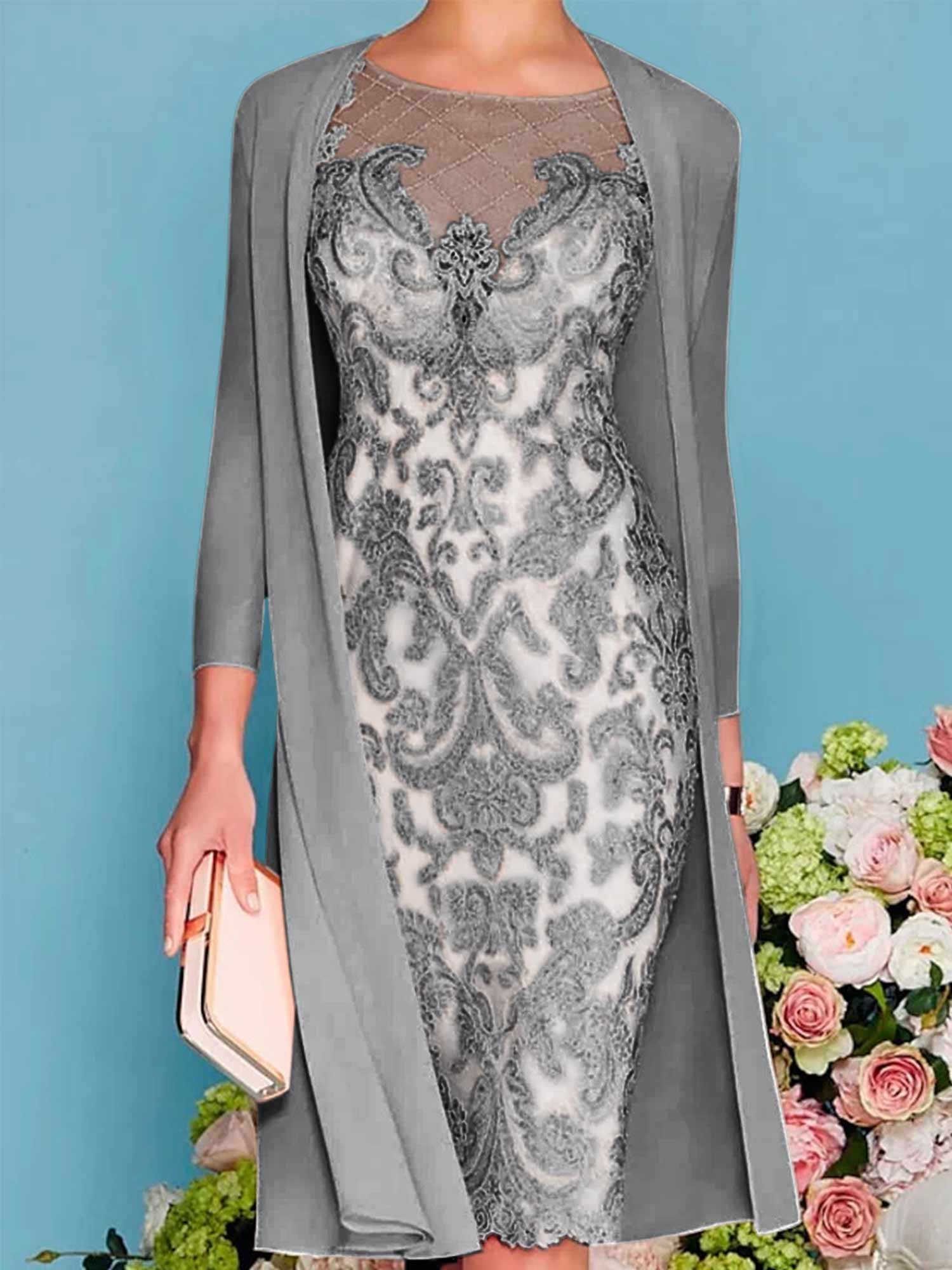 Long-Sleeve Knee-Length Sheath/Column Mother of the Bride Dress with Lace Beading Appliques-BMbridal