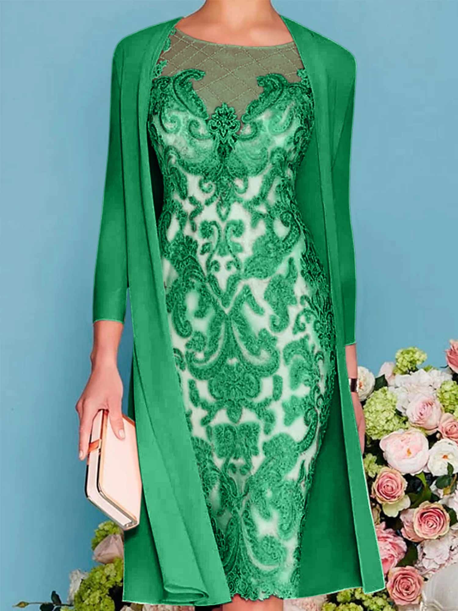 Long-Sleeve Knee-Length Sheath/Column Mother of the Bride Dress with Lace Beading Appliques-BMbridal