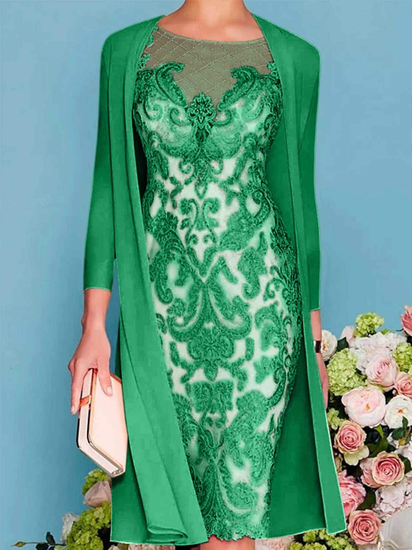Long-Sleeve Knee-Length Sheath/Column Mother of the Bride Dress with Lace Beading Appliques-BMbridal