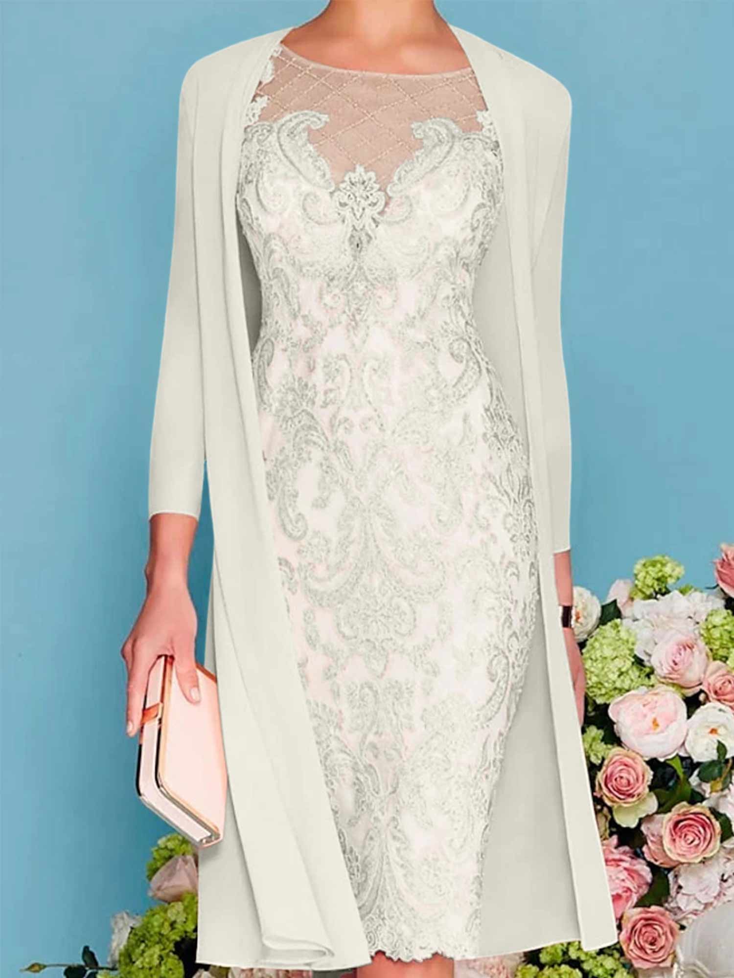 Long-Sleeve Knee-Length Sheath/Column Mother of the Bride Dress with Lace Beading Appliques-BMbridal
