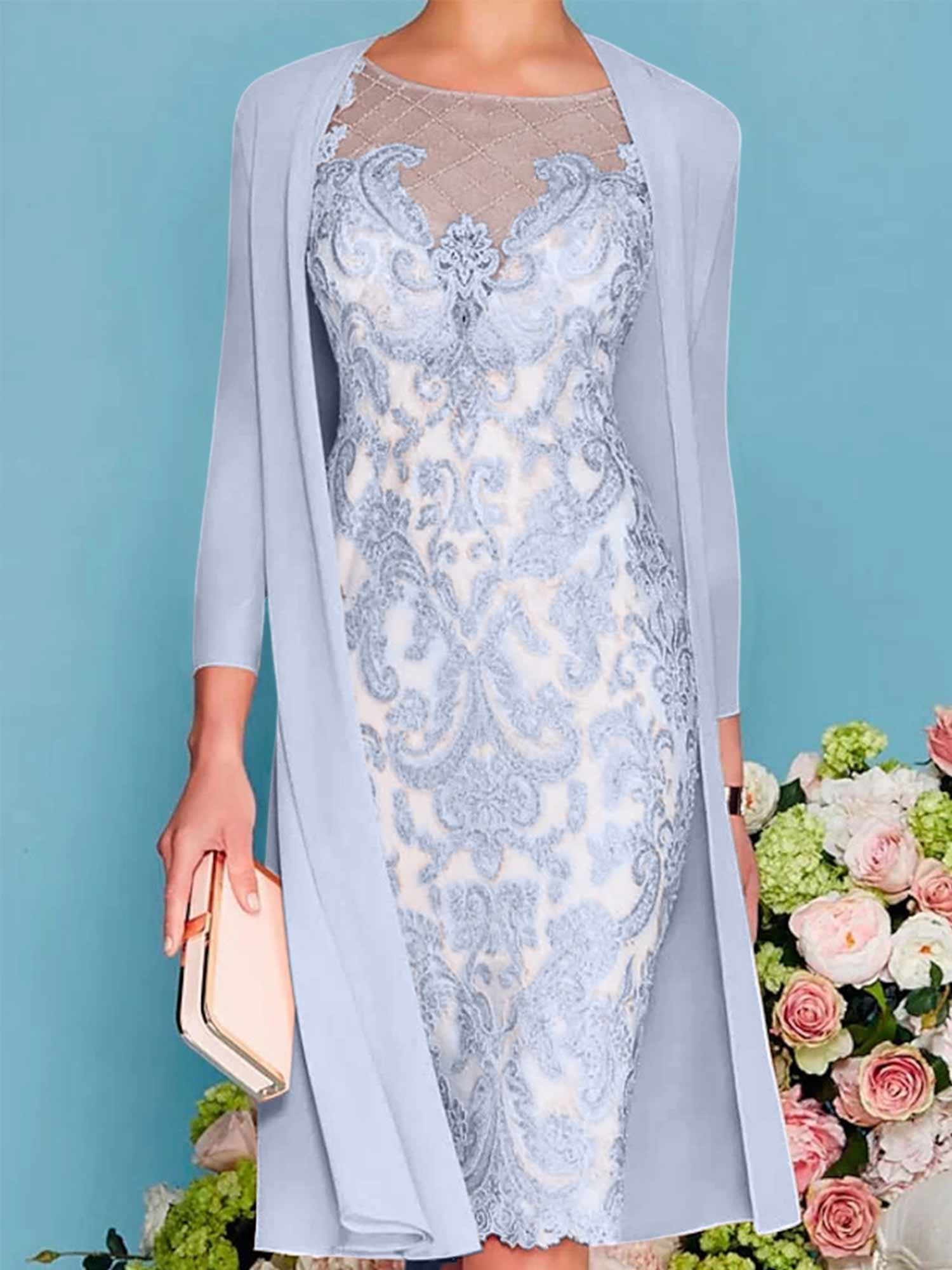 Long-Sleeve Knee-Length Sheath/Column Mother of the Bride Dress with Lace Beading Appliques-BMbridal