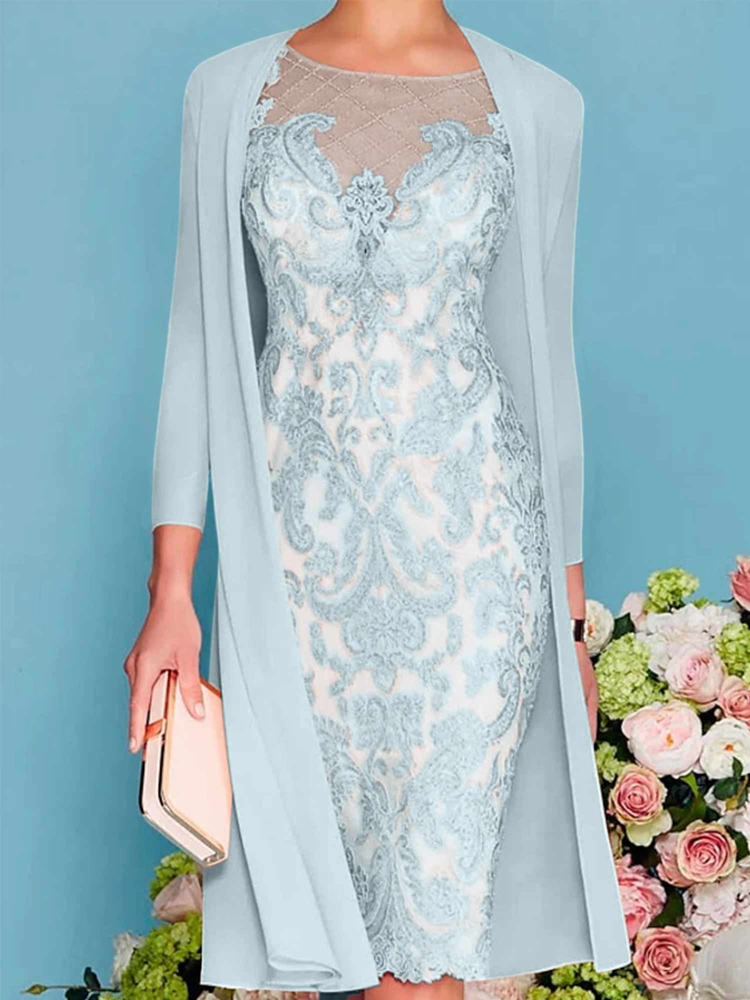 Long-Sleeve Knee-Length Sheath/Column Mother of the Bride Dress with Lace Beading Appliques-BMbridal