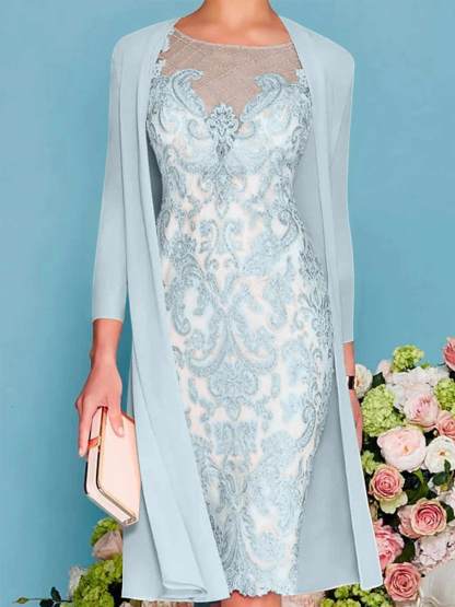 Long-Sleeve Knee-Length Sheath/Column Mother of the Bride Dress with Lace Beading Appliques-BMbridal
