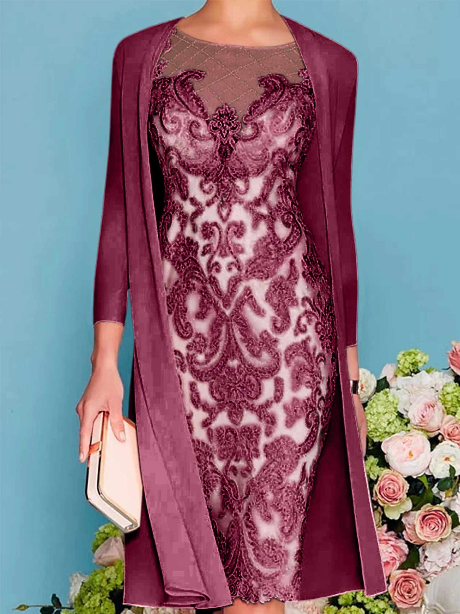 Long-Sleeve Knee-Length Sheath/Column Mother of the Bride Dress with Lace Beading Appliques-BMbridal