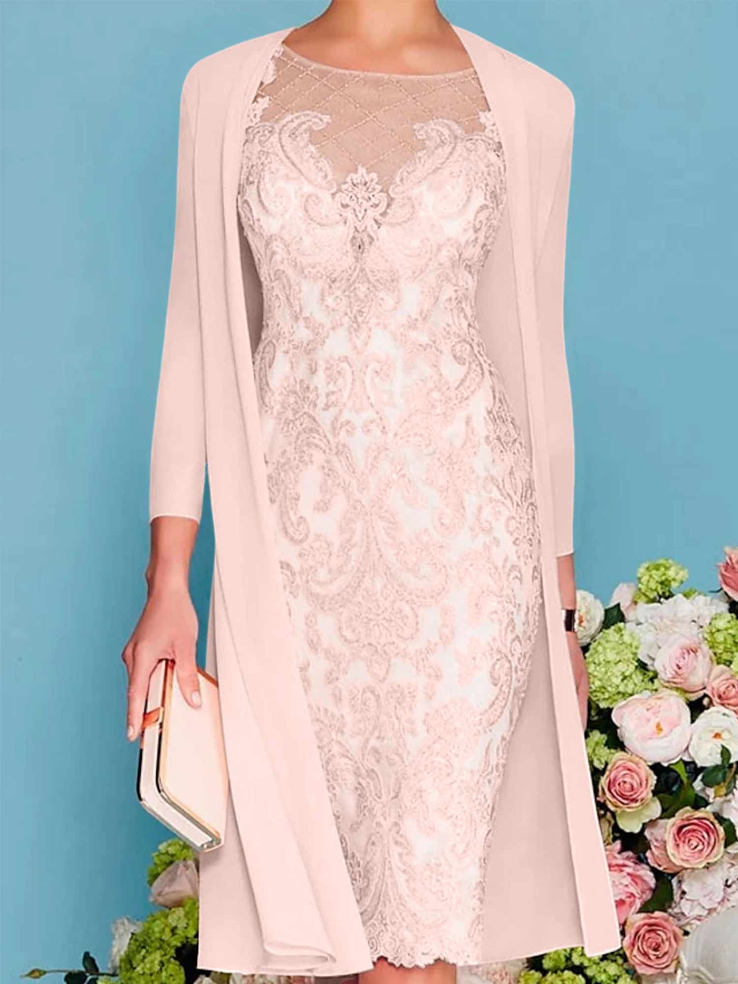 Long-Sleeve Knee-Length Sheath/Column Mother of the Bride Dress with Lace Beading Appliques-BMbridal