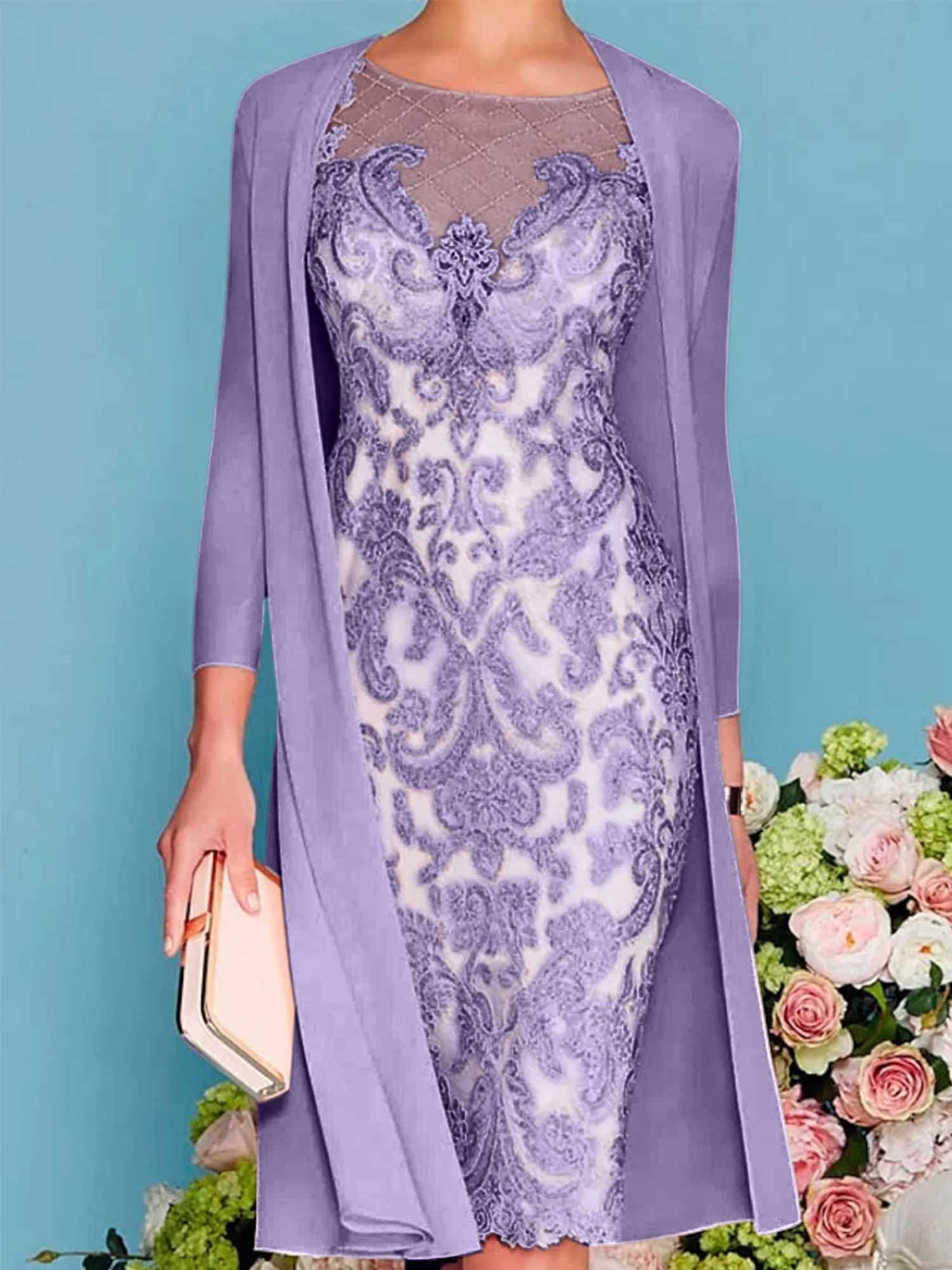 Long-Sleeve Knee-Length Sheath/Column Mother of the Bride Dress with Lace Beading Appliques-BMbridal