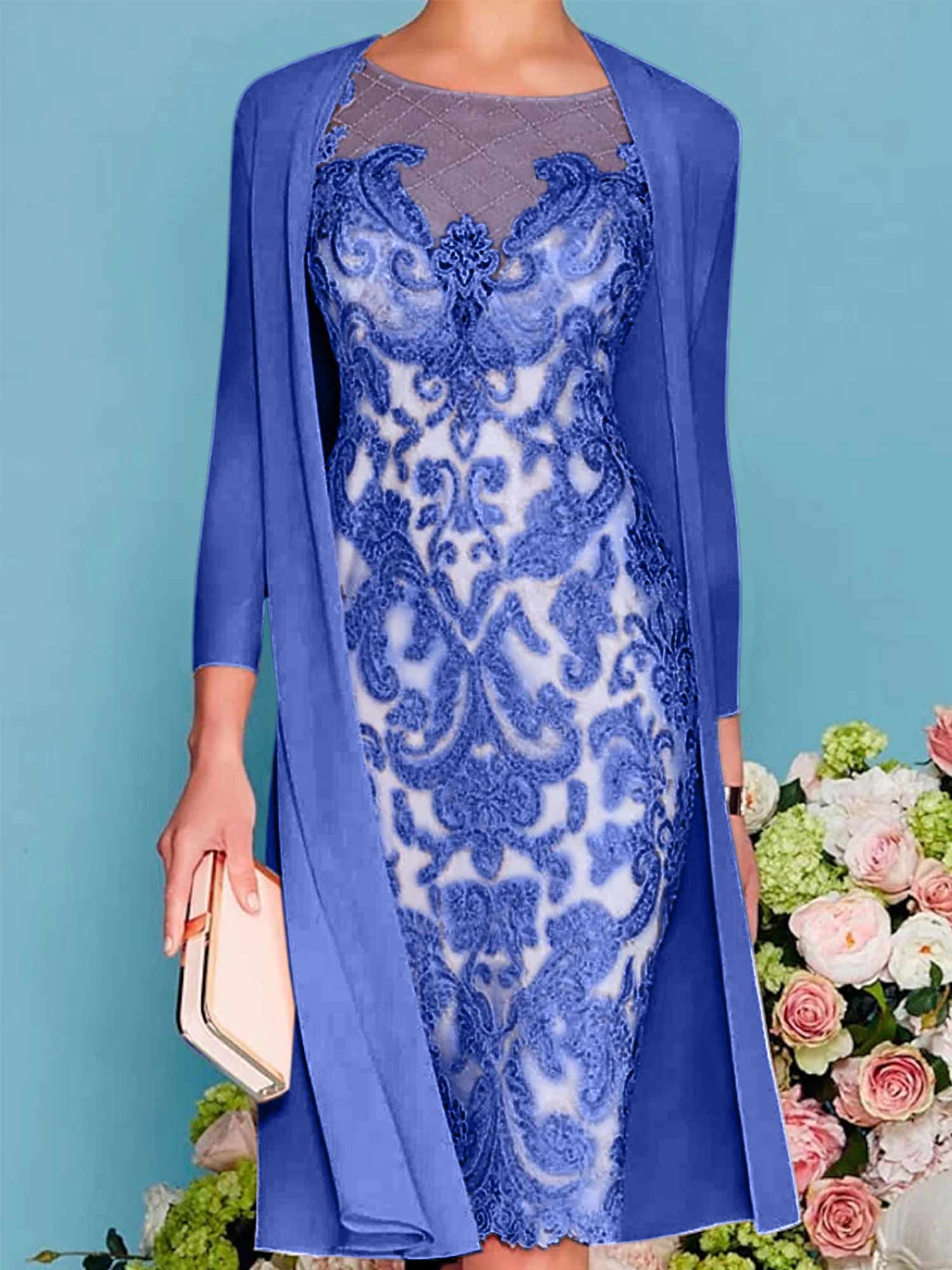 Long-Sleeve Knee-Length Sheath/Column Mother of the Bride Dress with Lace Beading Appliques-BMbridal