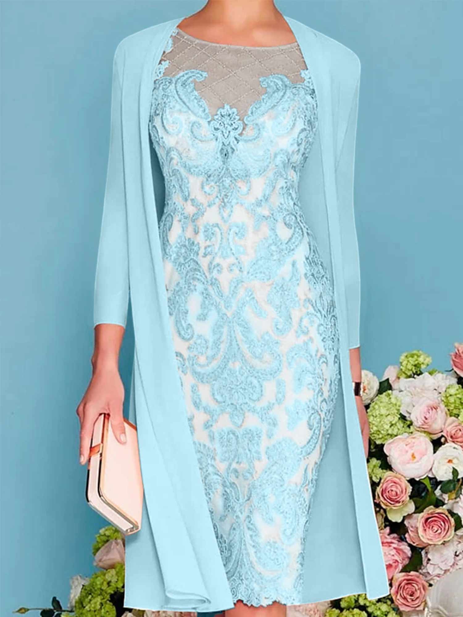 Long-Sleeve Knee-Length Sheath/Column Mother of the Bride Dress with Lace Beading Appliques-BMbridal