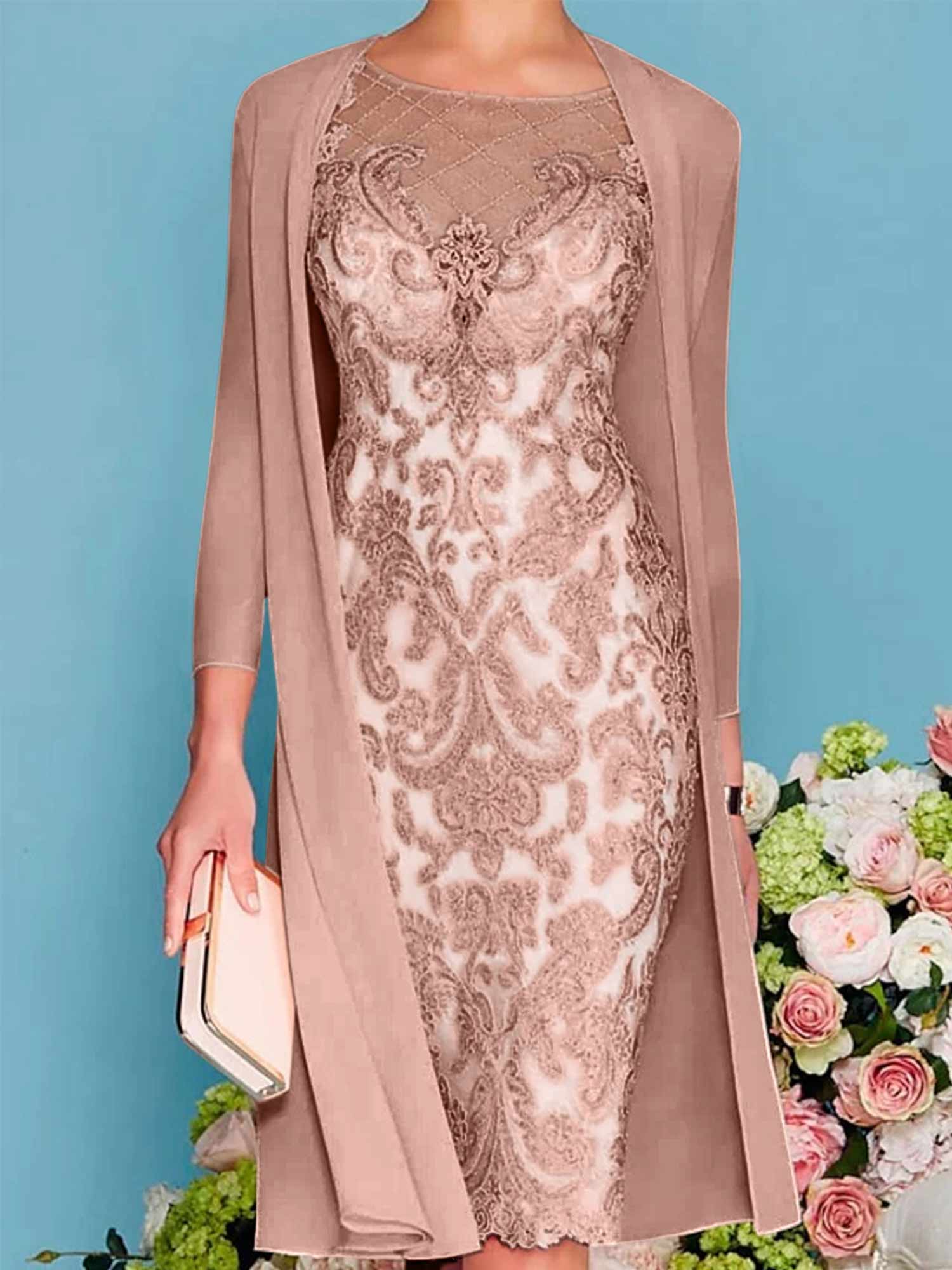 Long-Sleeve Knee-Length Sheath/Column Mother of the Bride Dress with Lace Beading Appliques-BMbridal