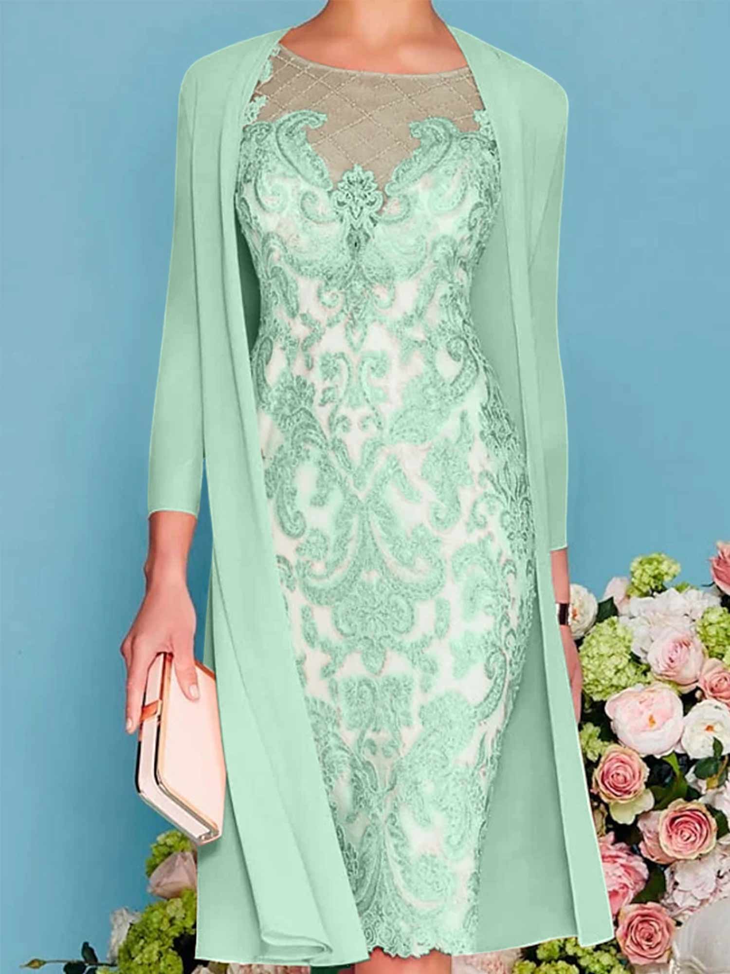 Long-Sleeve Knee-Length Sheath/Column Mother of the Bride Dress with Lace Beading Appliques-BMbridal