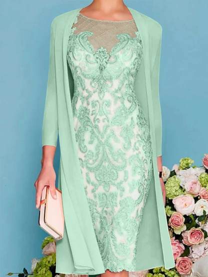 Long-Sleeve Knee-Length Sheath/Column Mother of the Bride Dress with Lace Beading Appliques-BMbridal