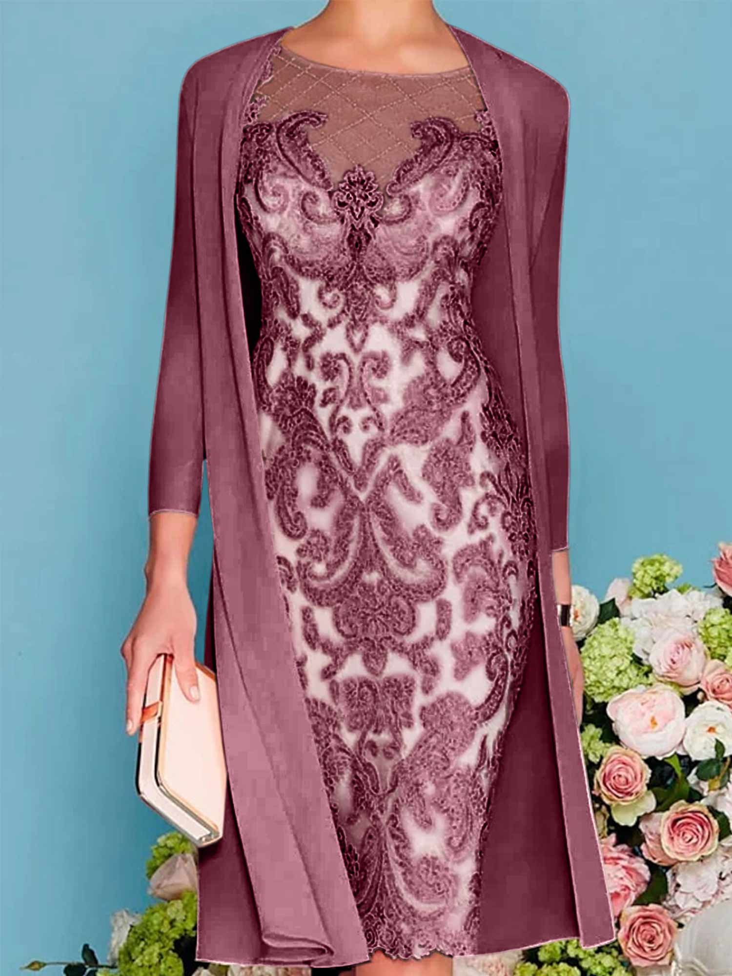 Long-Sleeve Knee-Length Sheath/Column Mother of the Bride Dress with Lace Beading Appliques-BMbridal