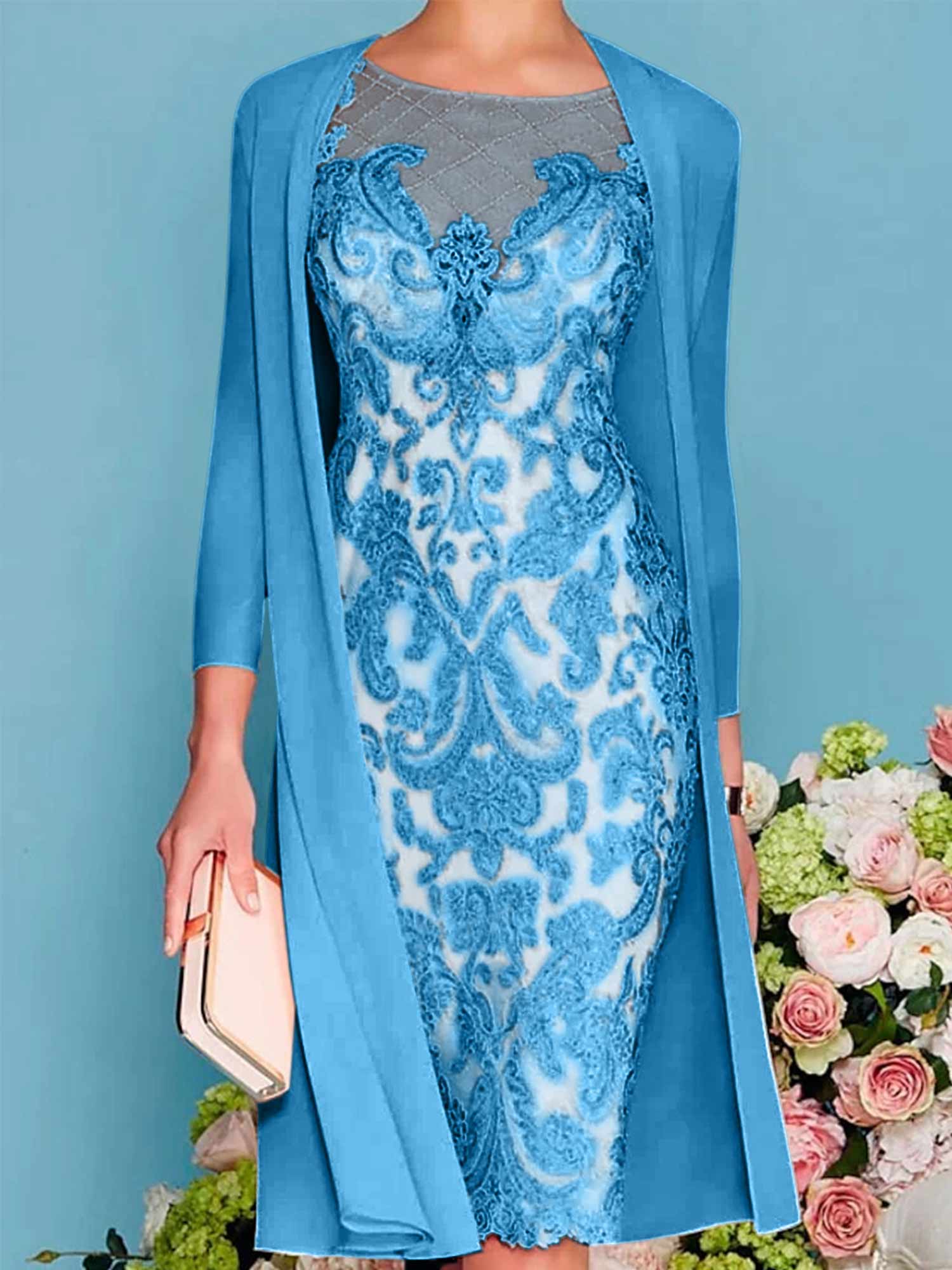 Long-Sleeve Knee-Length Sheath/Column Mother of the Bride Dress with Lace Beading Appliques-BMbridal