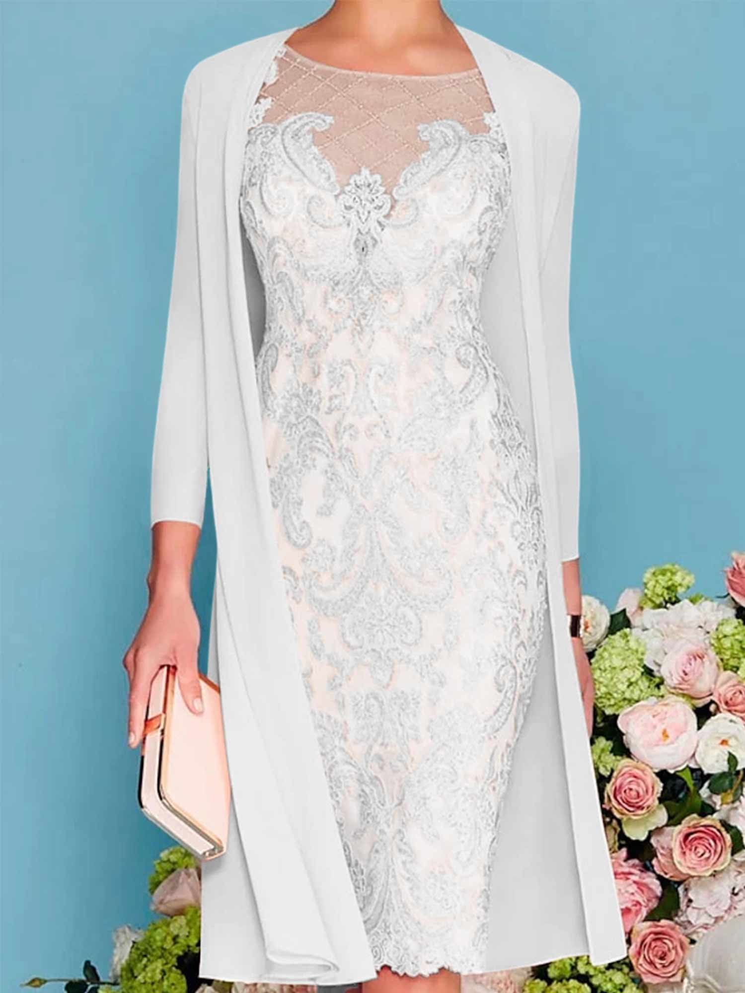 Long-Sleeve Knee-Length Sheath/Column Mother of the Bride Dress with Lace Beading Appliques-BMbridal