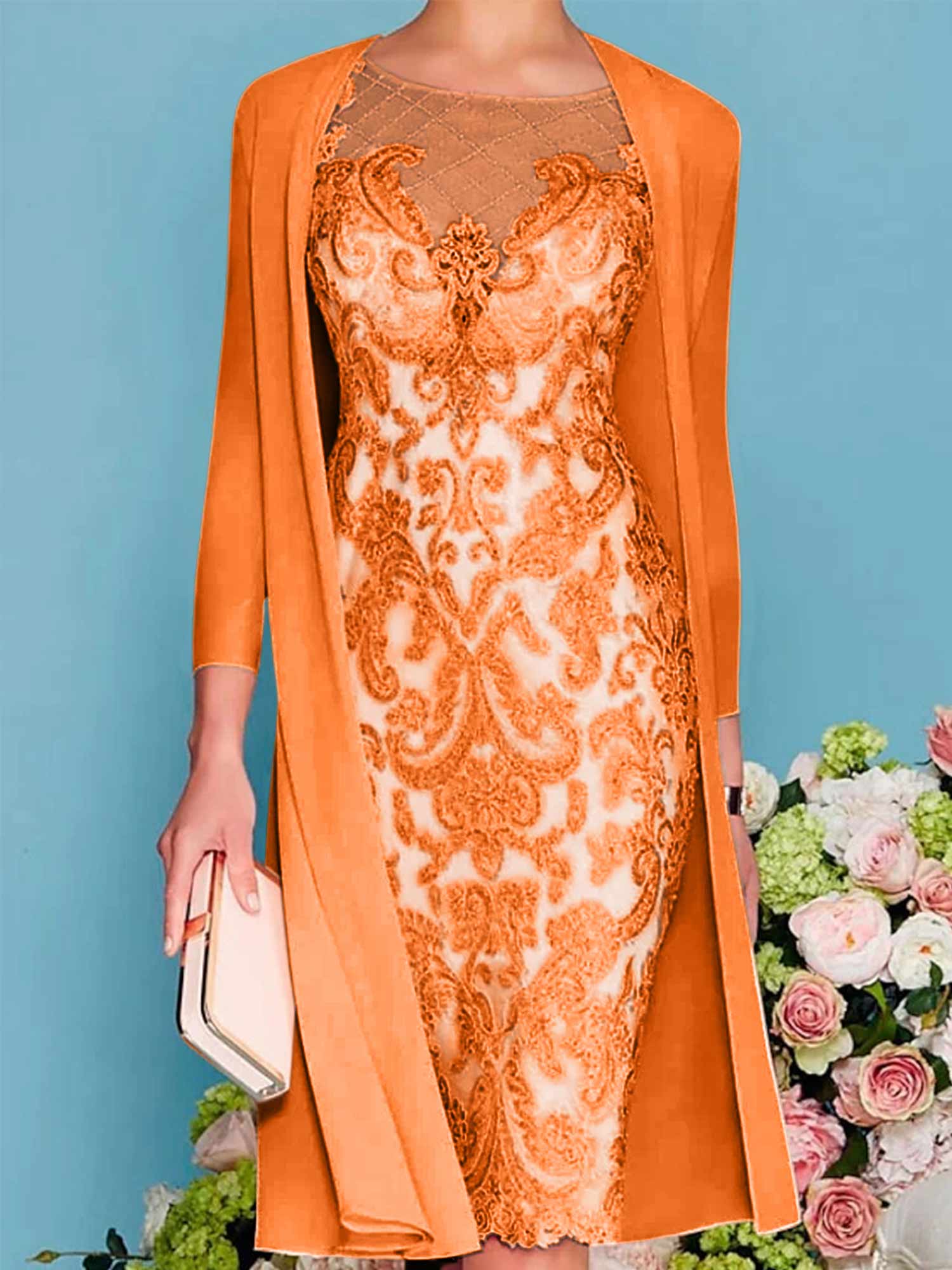 Long-Sleeve Knee-Length Sheath/Column Mother of the Bride Dress with Lace Beading Appliques-BMbridal