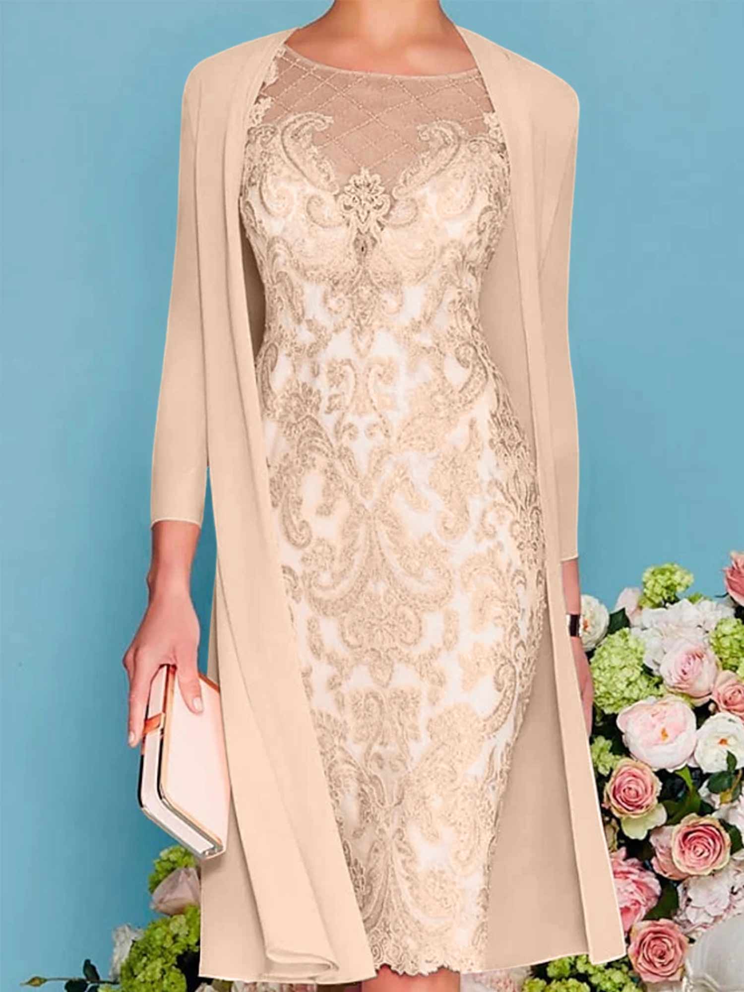 Long-Sleeve Knee-Length Sheath/Column Mother of the Bride Dress with Lace Beading Appliques-BMbridal